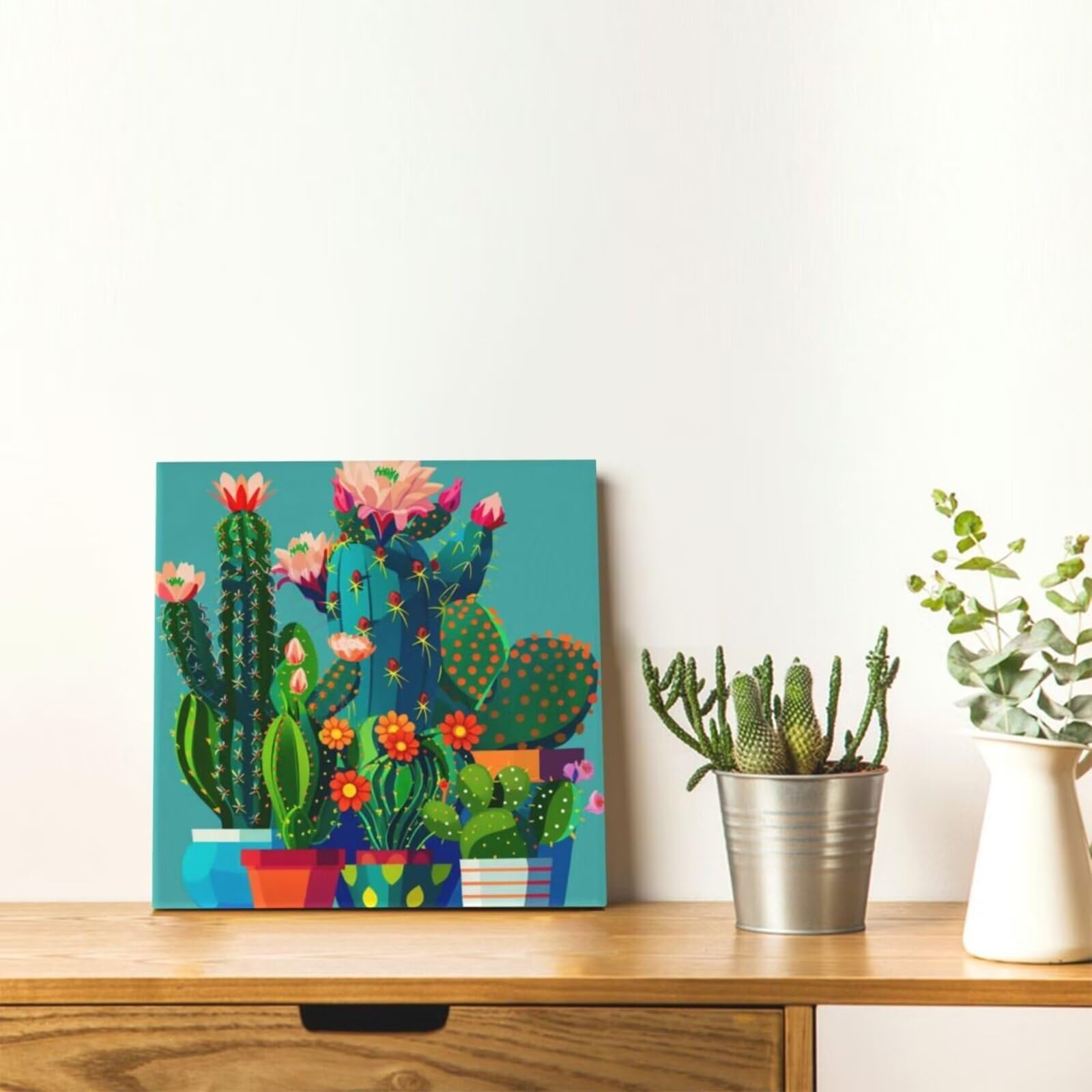 Pintura Por Números Adultos – Pueblo Vibrante, Cactus En Lienzo Con Marco 20x30 Cm, Kit Acrílico