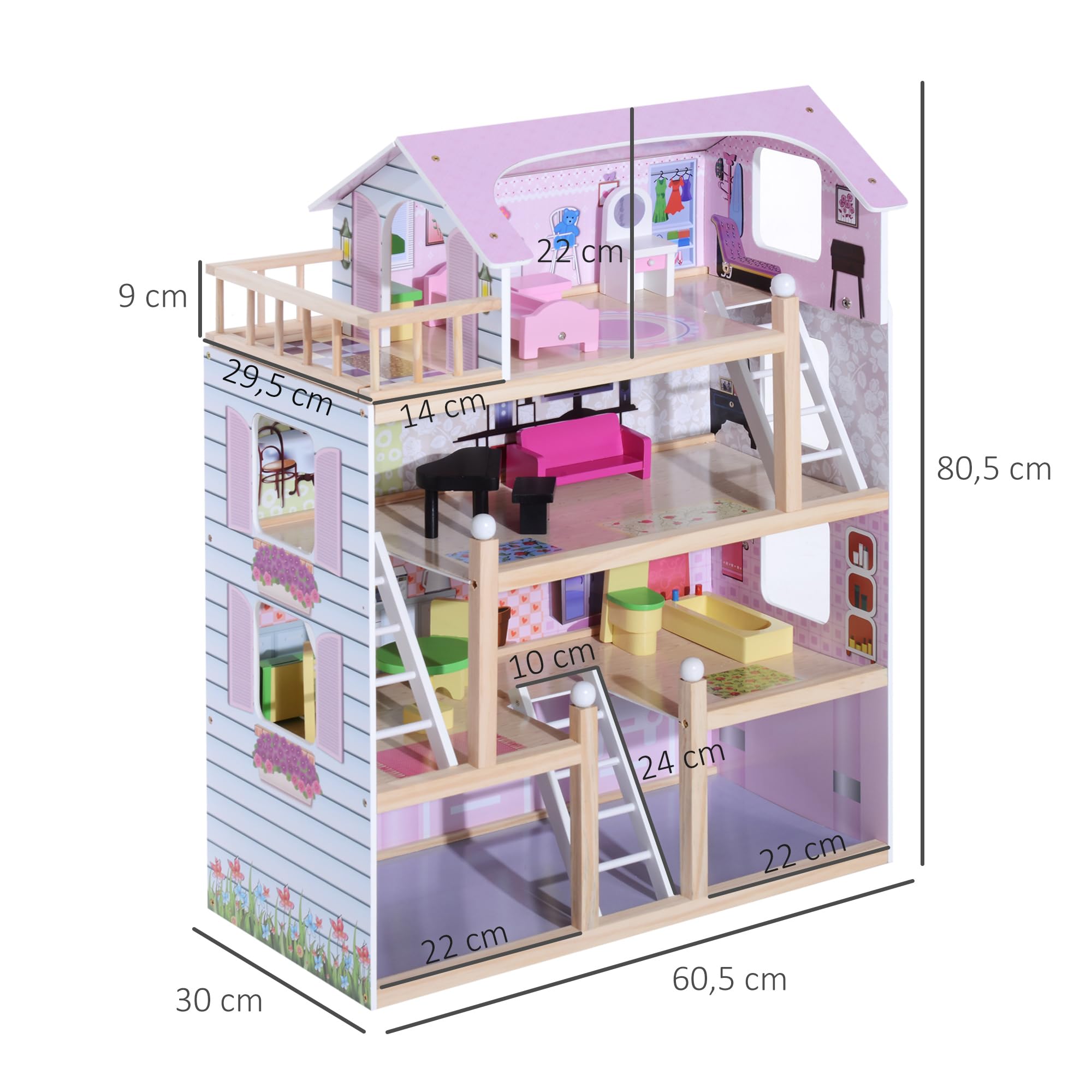HOMCOM Drewniany domek dla lalek dla 3+, 60x30x80 cm, biało-różowy