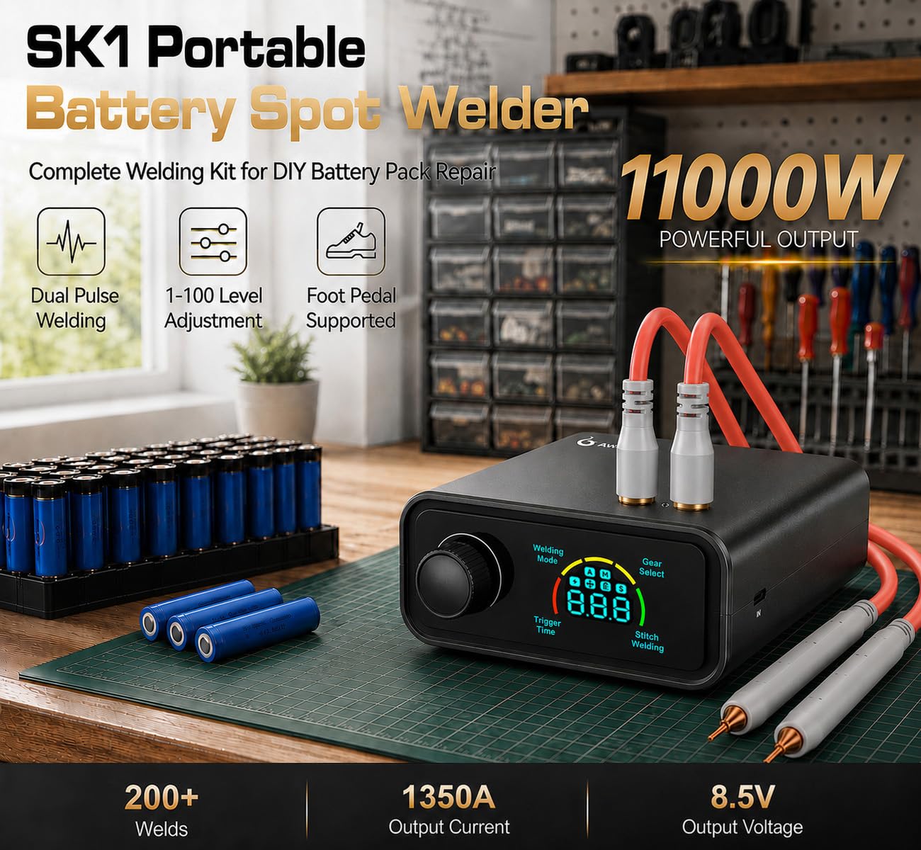 Soudeur par points de batterie 11 000 W, Awgem 0,1-0,3 mm portable avec bouton rotatif 100 vitesses, modes de pédale automatique/pied, double impulsion, pour réparation et soudage de batterie au