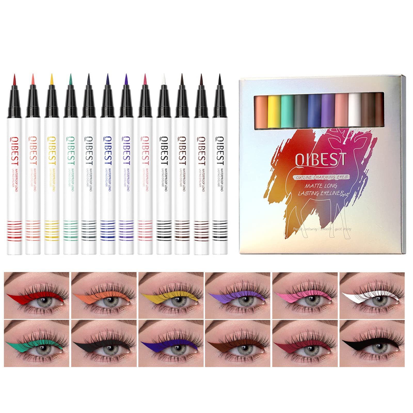 Eyeliner Colores, MKNZOME 12 Colores Lapiz De Ojos Liquido Eyeliner Waterproof Delineador de Ojos Larga Duración Maquillaje Mujer Cosplay Banquete Boda