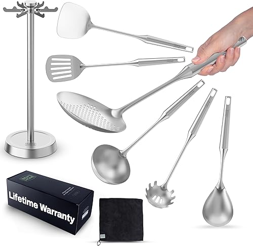 BEN'SHOME Juego de utensilios de cocina de acero inoxidable, 6 piezas con soporte, espátula, cucharón, cucharas de servir, servidor de espaguetis,