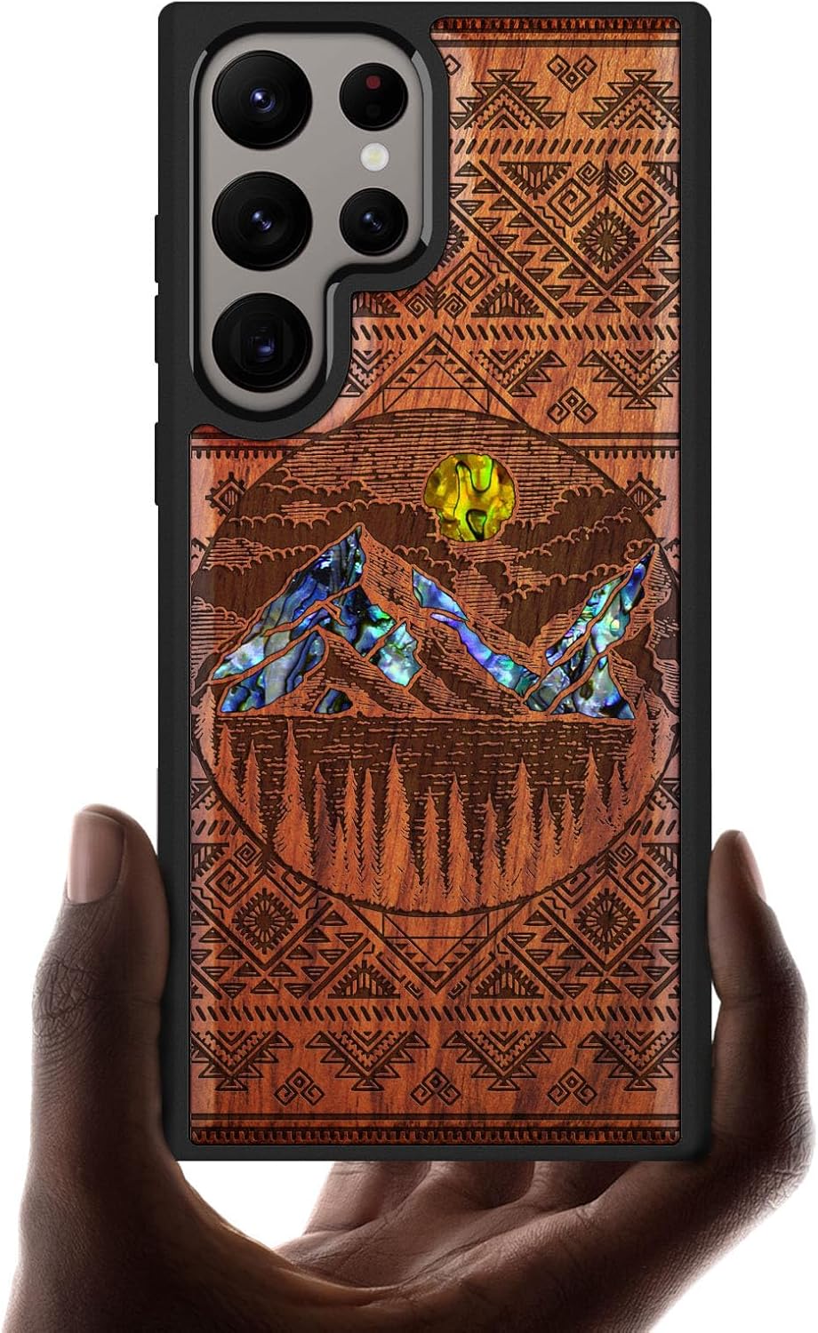 Carveit Designer Wooden Case for Samsung Galaxy S24 Ultra Case [Wood Engraving & Shell Inlay] Compatible with Wireless Chargers S24 Ultra Cover (Wave Compass-Rosy)