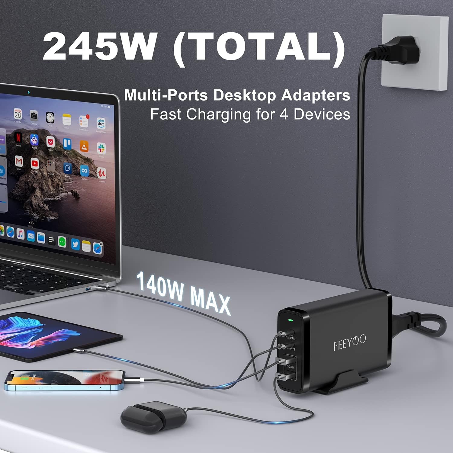 245W GaN USB C Charger, 4-Port PD 3.1 140W Fast Charging Station for MacBook Pro, Dell XPS, iPhone, iPad Pro & Samsung Galaxy
