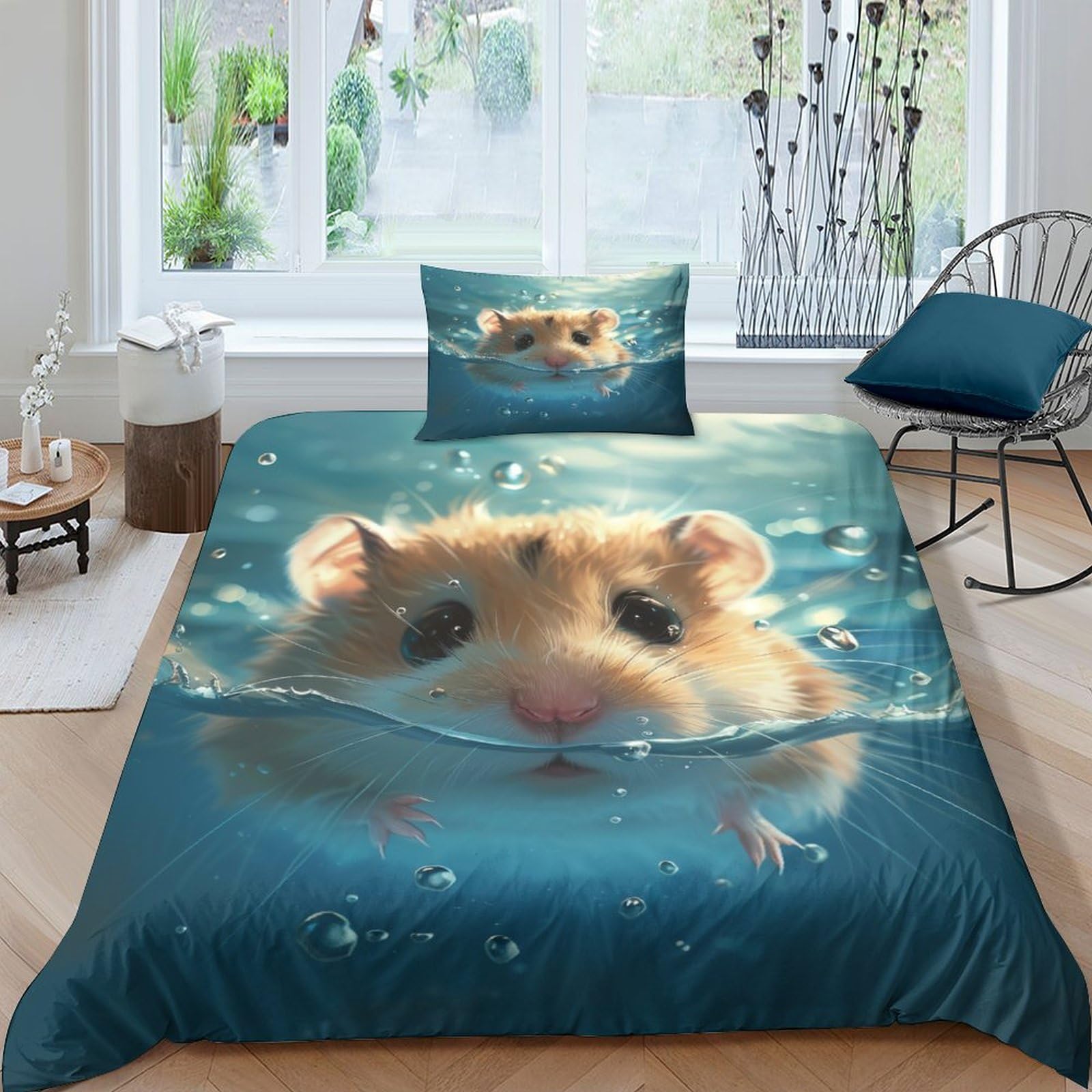 Housse de couette animaux et parure de lit 3 pièces hamster, le cadeau idéal pour anniversaire