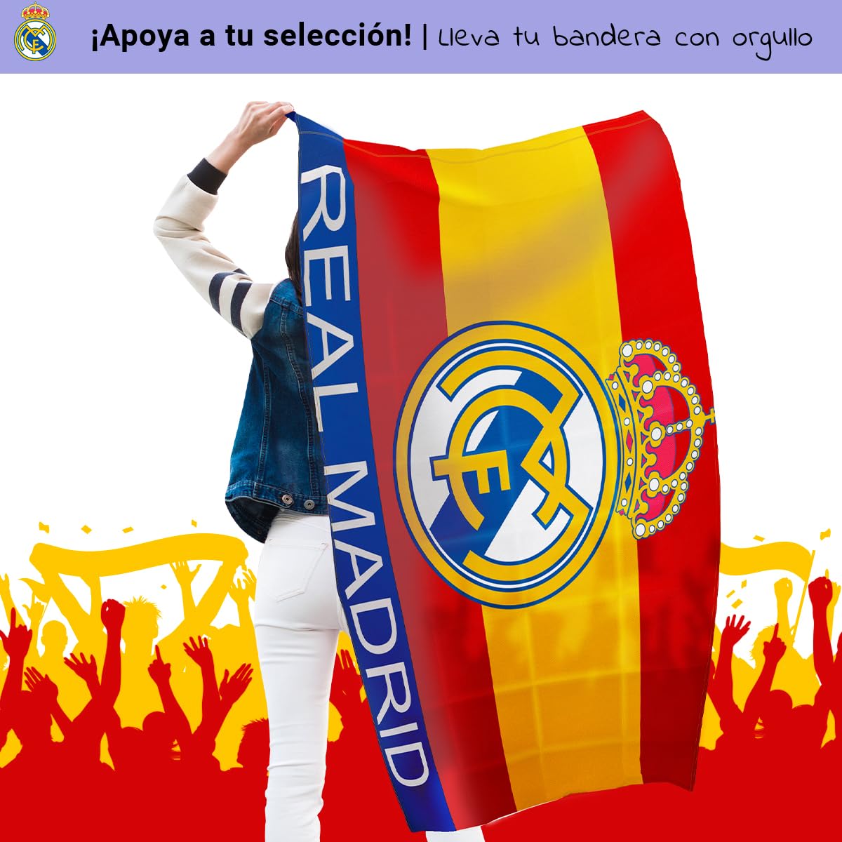 Bandera oficial del Real Madrid Club de Fútbol + Llavero 15 Champios | 150 x 100 cm - Fondo Bandera España escudo en el centro | Producto Oficial