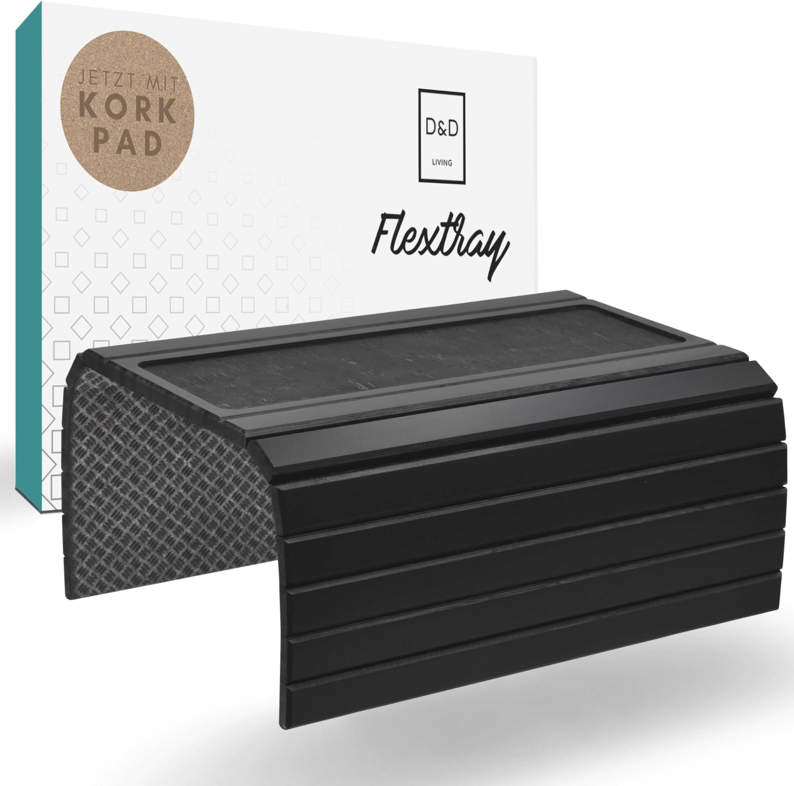 D&D Living® Sofa Tray - Flexible Couch Armrest Organizer with Anti-Slip Cork Pad | Sofa Tray with 18.5x13.4 inches, Sustainable Large Black Bamboo