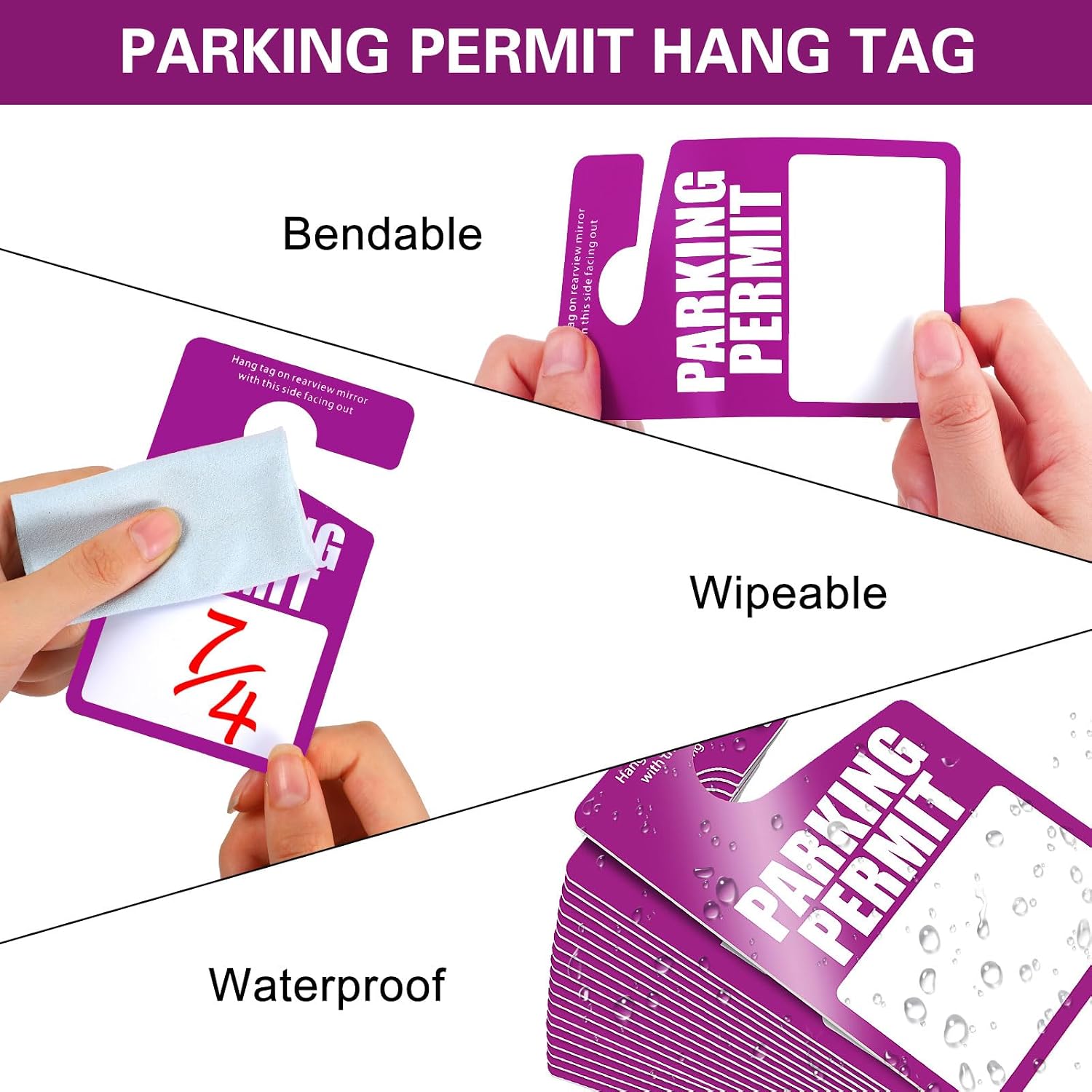 100 Pack Parking Permit Hang Tags Plastic Parking Placards PVC Hang Tag 3 x 5 Inch for Car Rear View Mirror (Purple)