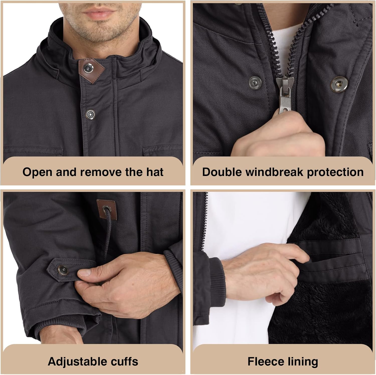 Men's Winter Jacket Military Jacket Fleece Lined Warm Cargo Jackets Removable Hood Cotton Work Coat - Image 5