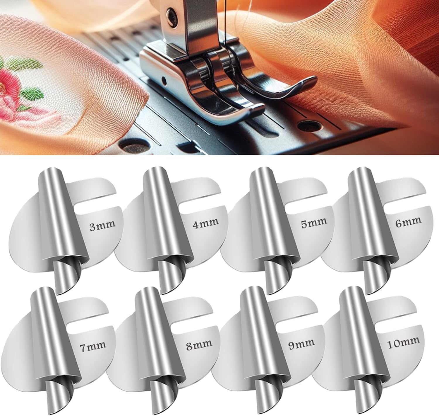 MrCrafts Universal Sewing Rolled Hemmer Foot 4Pcs (7/8/9/10MM), Rolled Hem Hammer