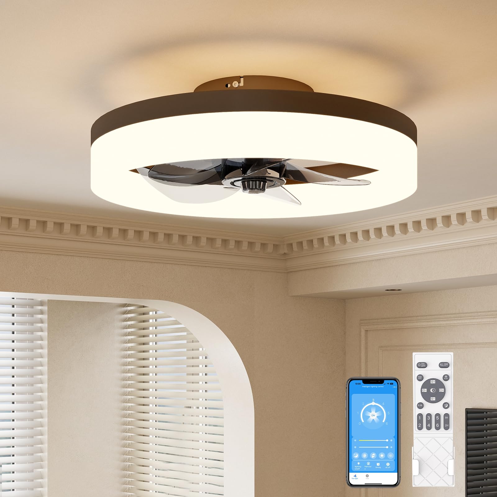 (pink)VOLISUN Low Profile Ceiling Fans with Lights and Remote, 15.7in Fandelier Ceiling Fan with Light, 3000K-6500K Dimmable Bladeless LED Fan Light, Brown Flush Mount Ceiling Fans with Lights for Bedroom