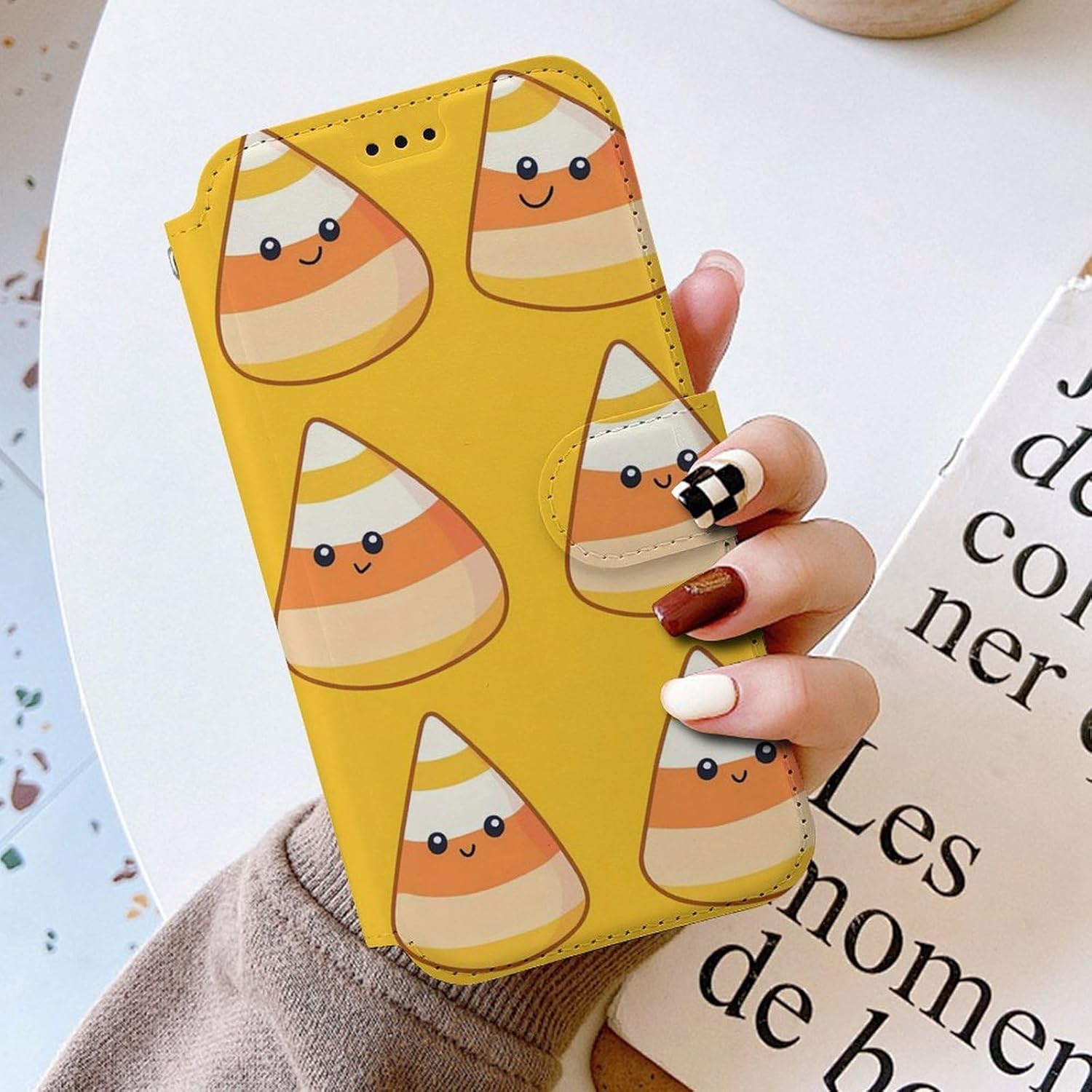 Cute Candy Corn Compatible with iPhone 16/16 Plus/16 Pro/16 Pro Max/16 E Case Phone Wallet Card Holder Flip Cover with Wrist Strap