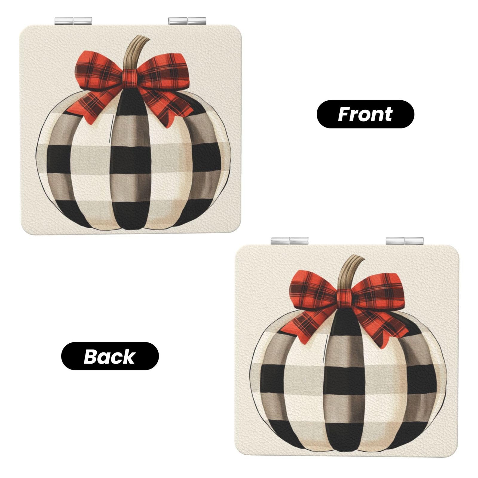 Farmhouse Pumpkin Checkered Pattern Travel Makeup Mirror Double-Sided Portable Compact Makeup Mirror Pocket Magnifying Pu Leather Travel Mirror for Daily Work Business Square