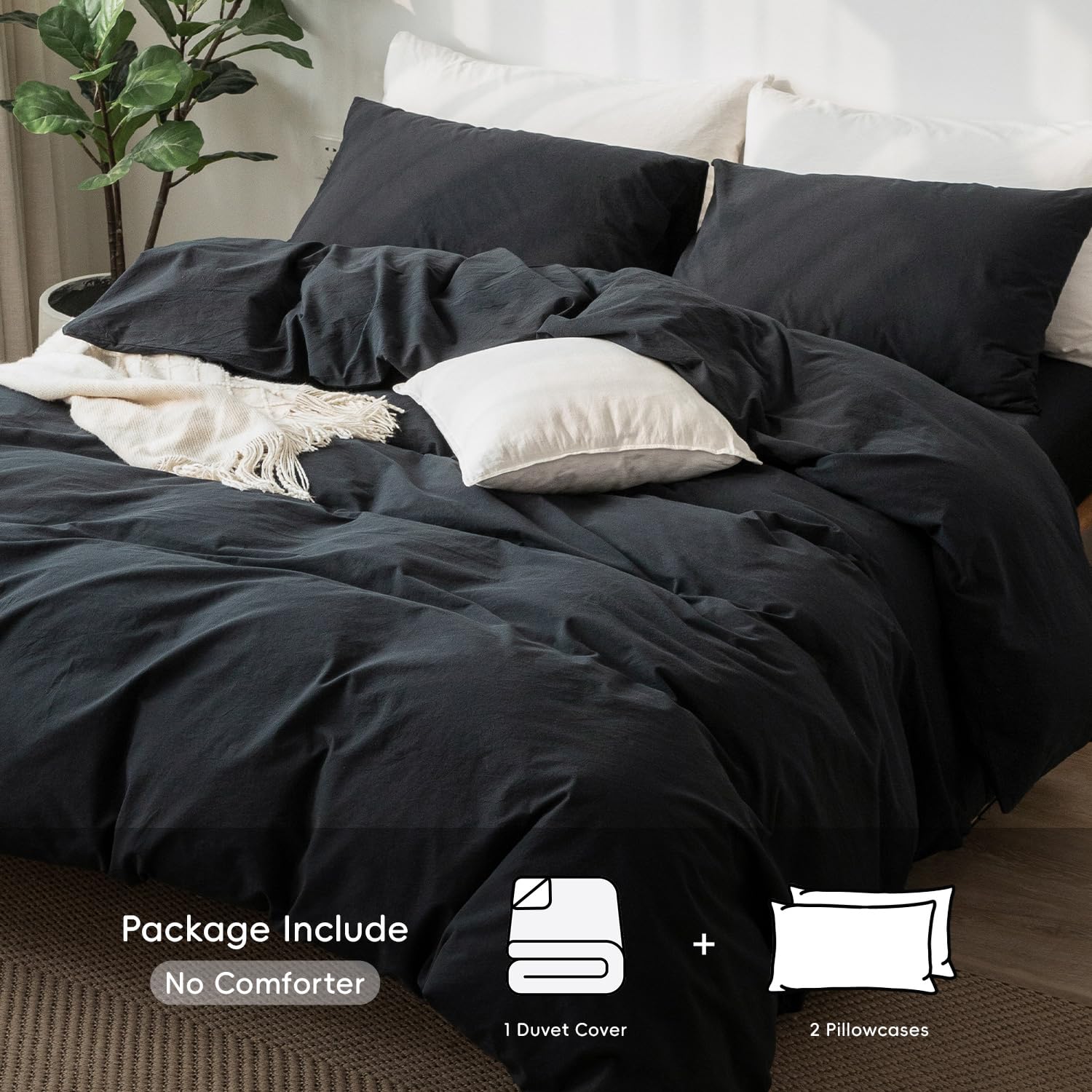 MOOMEE Bedding Duvet Cover Set 100% Washed Cotton Linen Like Textured Breathable Durable Soft Comfy (Black, Queen) - Image 2