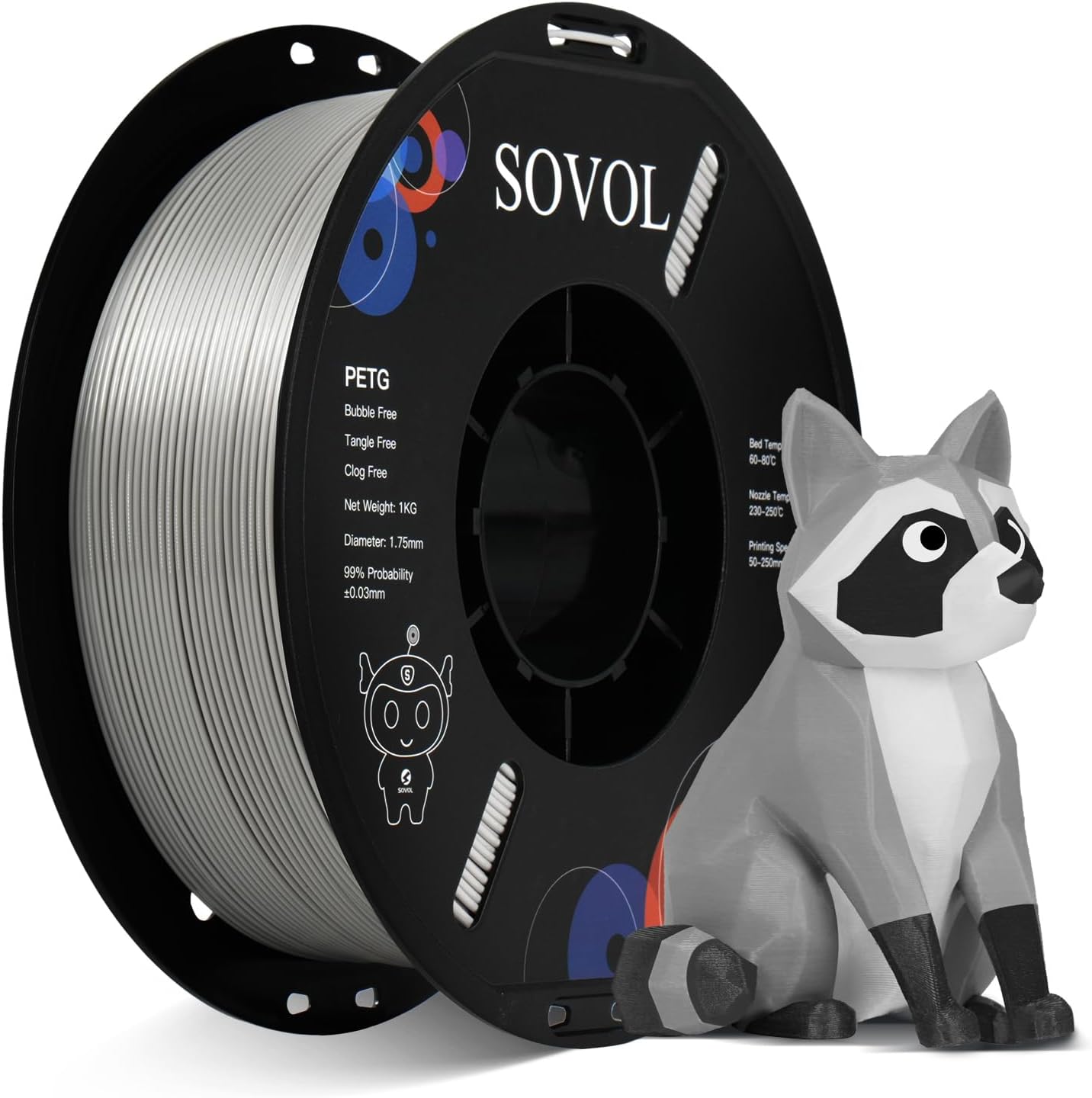 Sovol 3D Printer PETG Filament 1.75mm 1KG (2.2lbs), High Precision, Strong Toughness, Wiring Tightness, Dimensional Accuracy +/- 0.03 mm, 3D Printing PETG Filaments, Gray