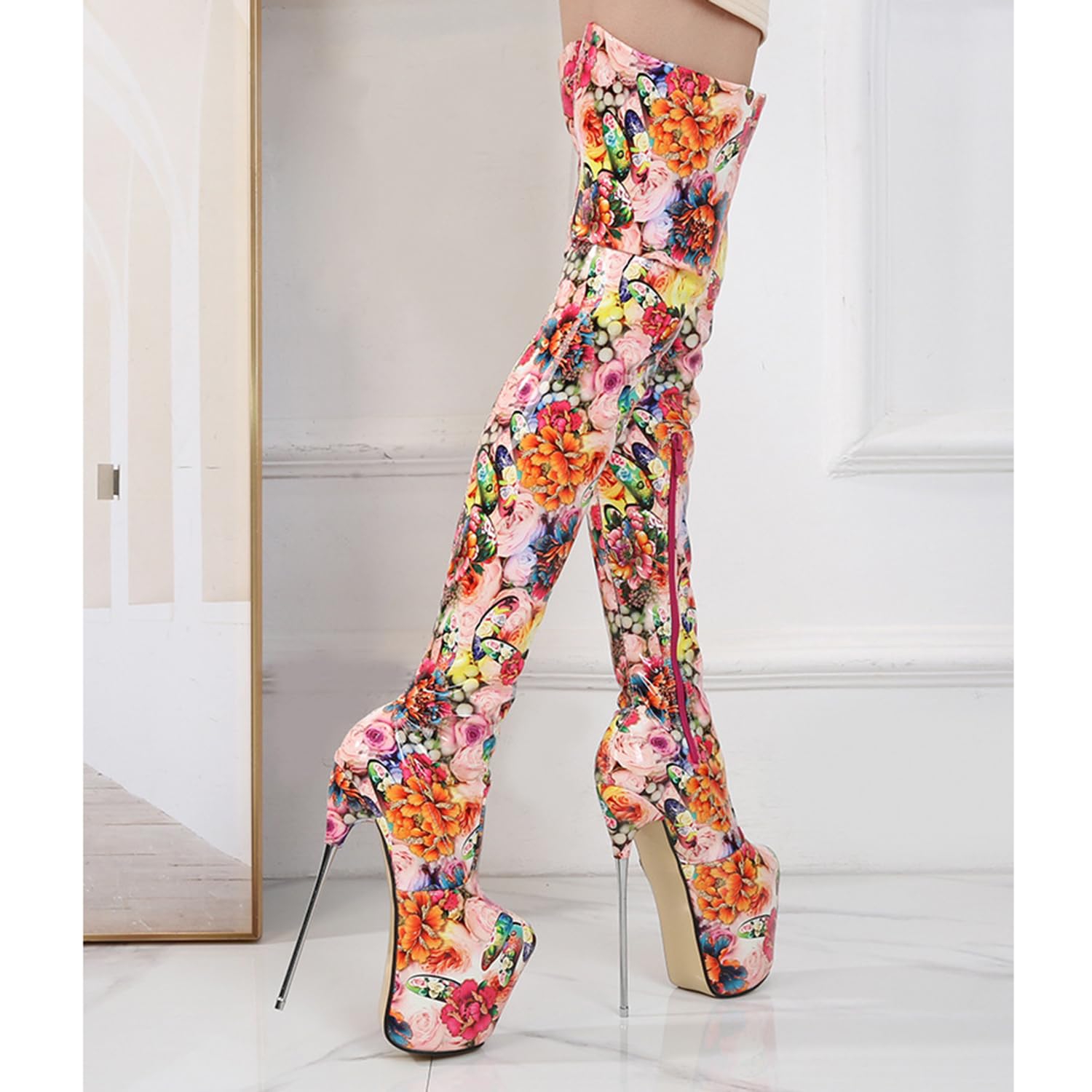WOilERQ Damen Overknee-Stiefel, Plateau-Stiletto-Absatz-Stiefeletten mit Reißverschluss, Ethno-Print, High Heels, sexy Fetisch-Pole-Dance-Stripper, Unisex-Schuhe