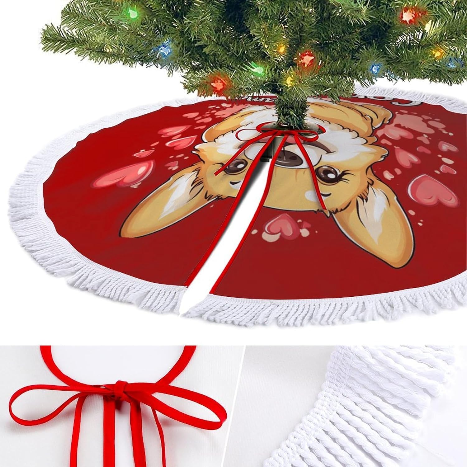 Corgi Mama Mom Christmas Tree Skirt Round Xmas Tree Mat Ornaments Tree Skirts with Tassels for Holiday Party