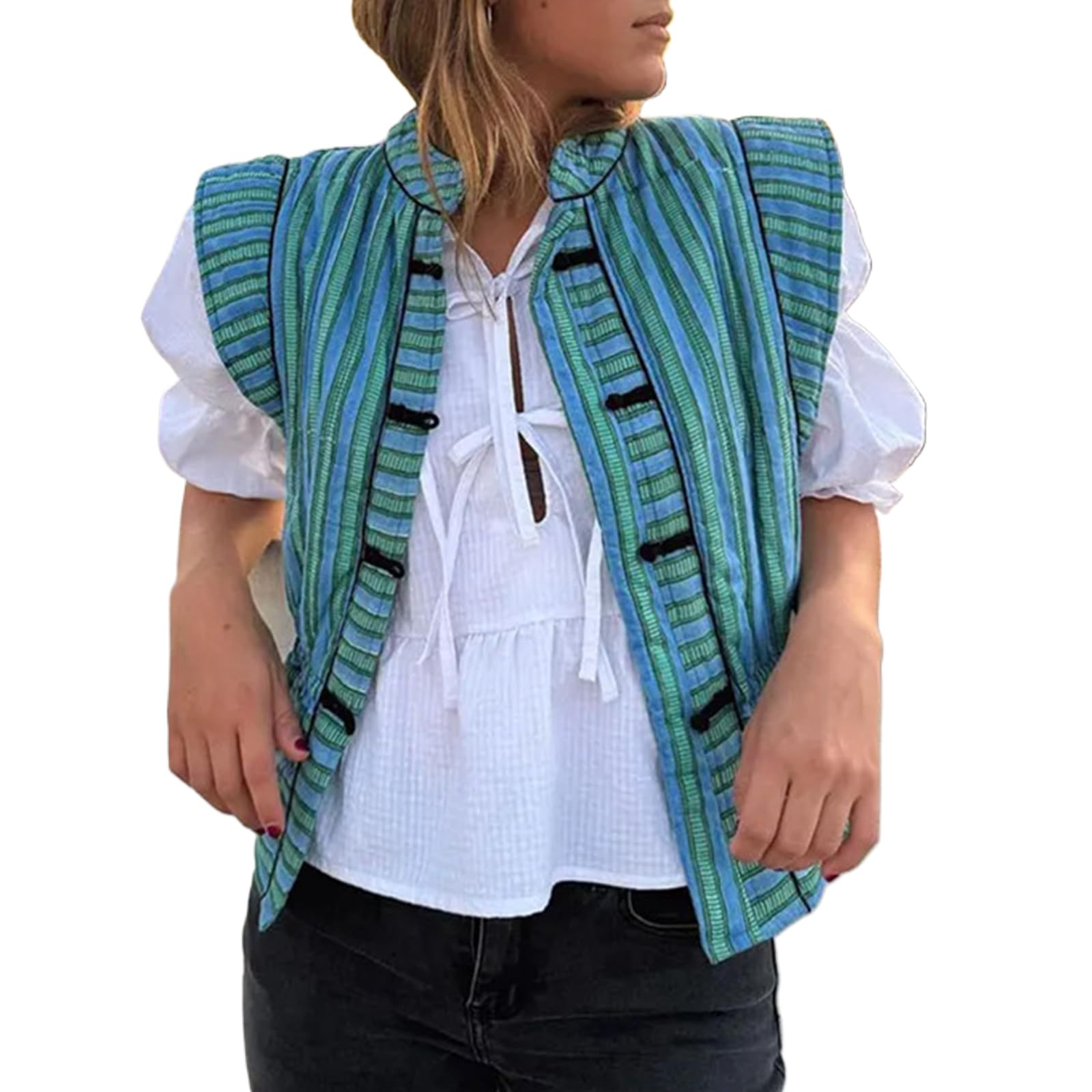 LisskoloWomen Striped Fall Embroidered Vest Stand Collar Cropped Cap Sleeve Open Front Button Down Short Waistcoat Jackets