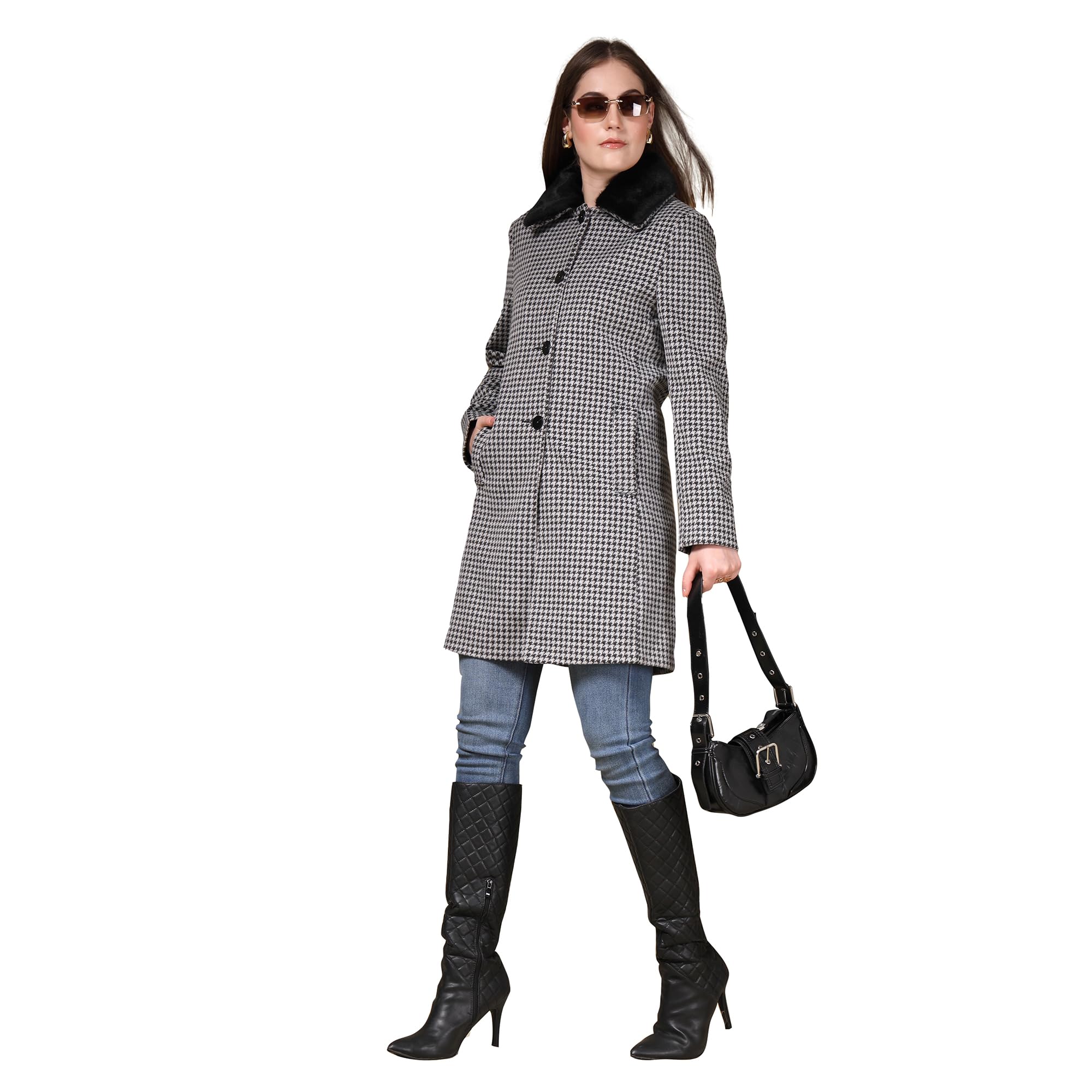 thirty threads Women Checked Woollen Spread Collar Winterwear Over Coat Grey-picture-25