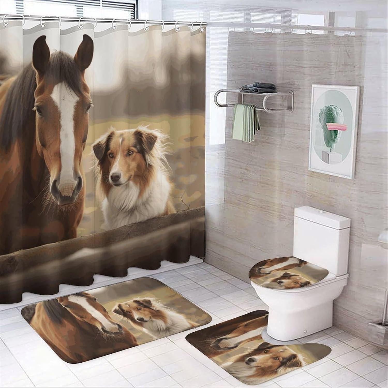 Collie Dog and Horse Together Shower Curtains Set 4 Piece with Non-Slip Rugs, Toilet Lid Cover and Bath Mat Soft Bathroom Carpet Waterproof Bathroom Curtain with 12 Hooks for Bathroom Decor