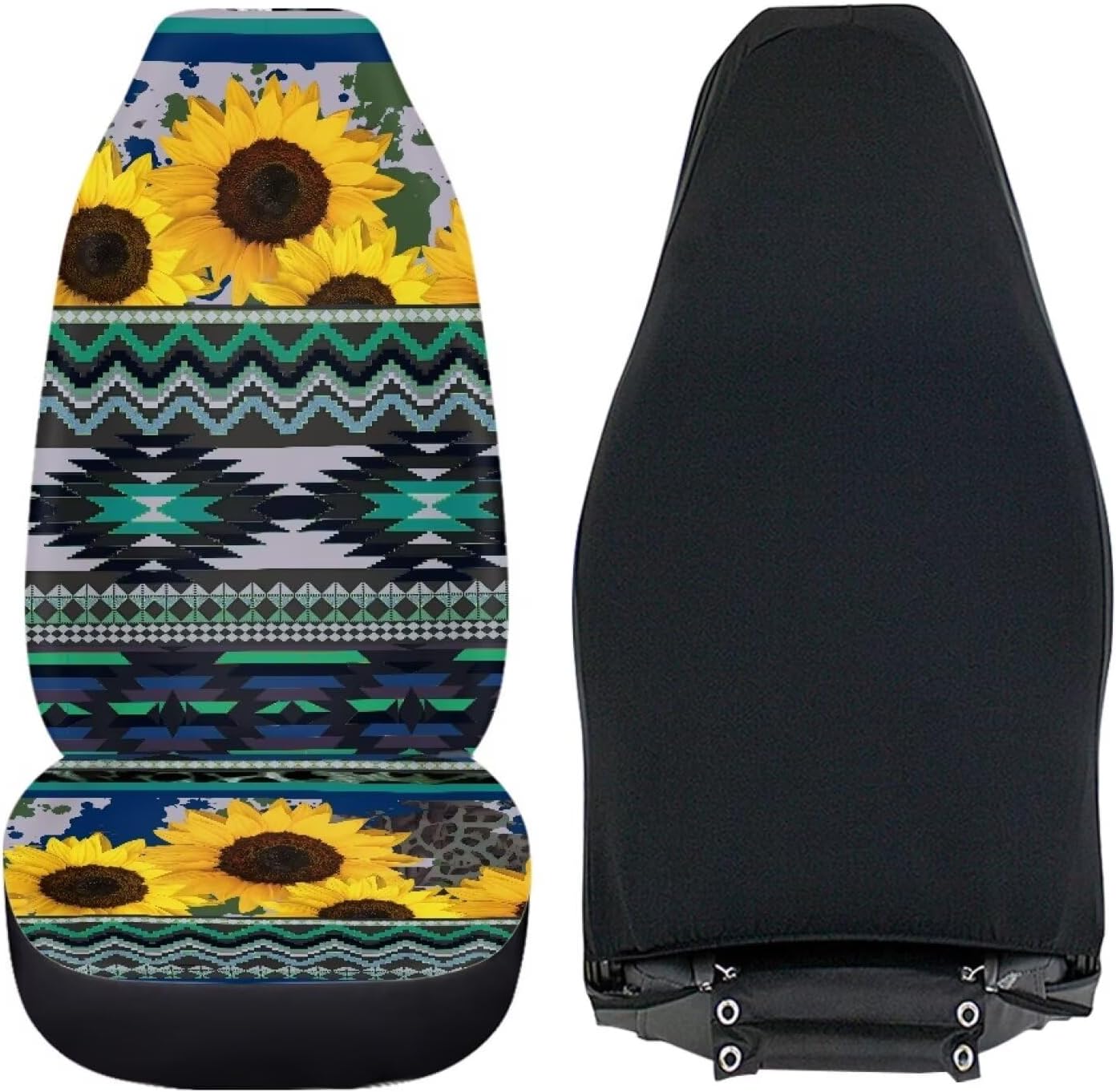 Aztec Sunflower Print Automotive Car Seat Set for Front Seats Only, Universal Fit Auto Seat Cover Breathable Elastic Car Seat Cover Sets, Turquoise