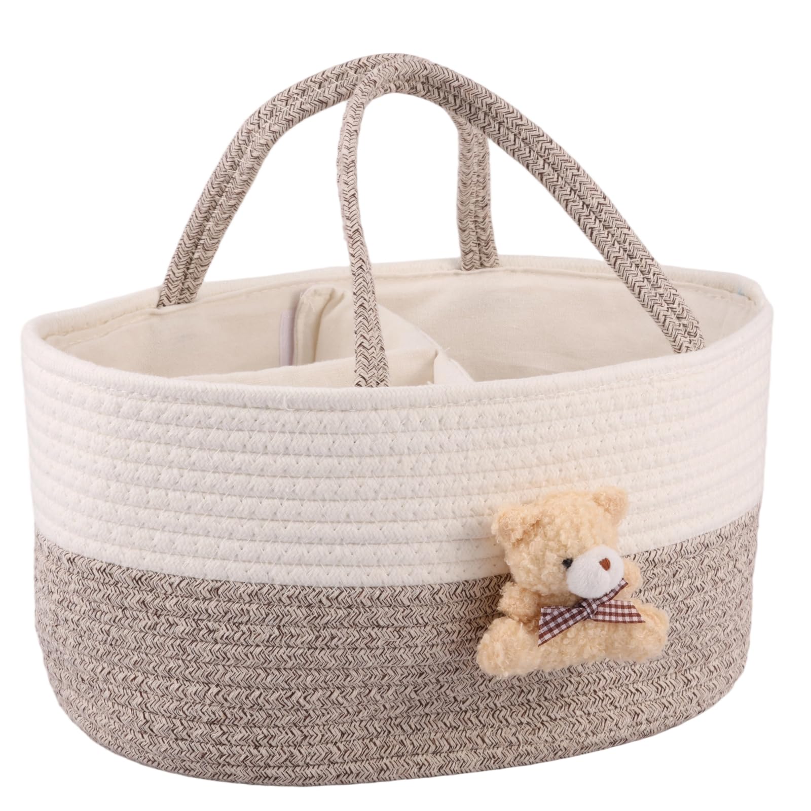 Nappy Caddy Organiser Soft Cotton Rope Baby Diaper Caddy Basket 33.5x23x18cm Cute Portable Tote Bag for Newborn Essentials Boy or Girl Baby Shower Basket Gift with Sturdy Handle(Khaki)