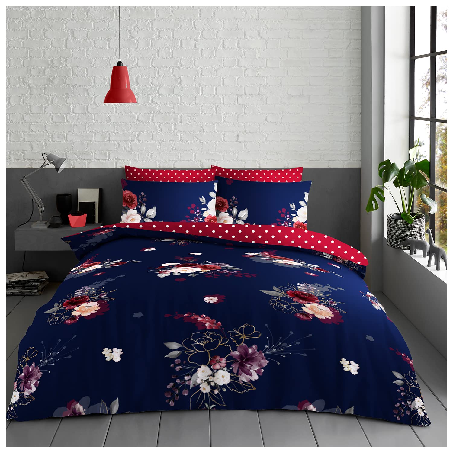 GC GAVENO CAVAILIA Floral Bedding Double Bed Set, Botanical Duvet Cover, Easycare Polka Dot Quilt Cover With Pillowcases, Navy