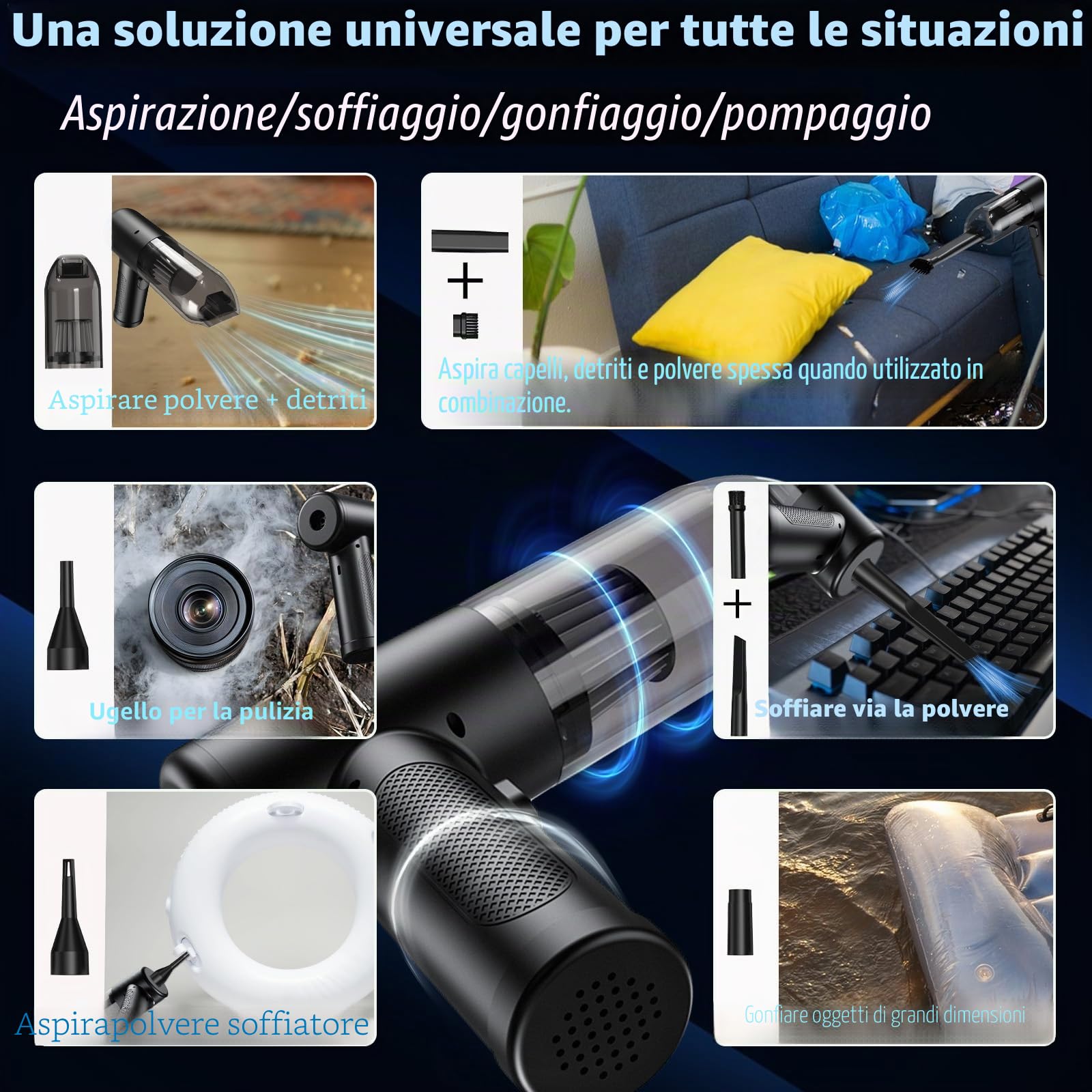 2025 Aspirabriciole Senza Fili, 22000 Pa Aspirapolvere Auto 4 in 1con Mini Aspirapolvere a 2 Marce con Motore Senza Spazzole/per Casa/Auto/Peli di Animali/Cucina/Nero
