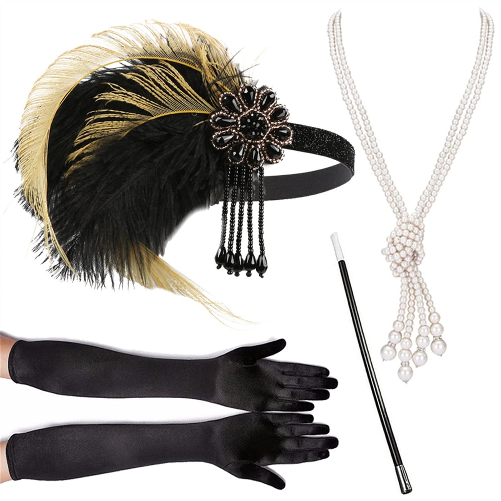 Party Costume Accessories Set Feather Headband Necklace Gloves Cigarette Holder 4 Pcs Set (Color : Set 219-black)