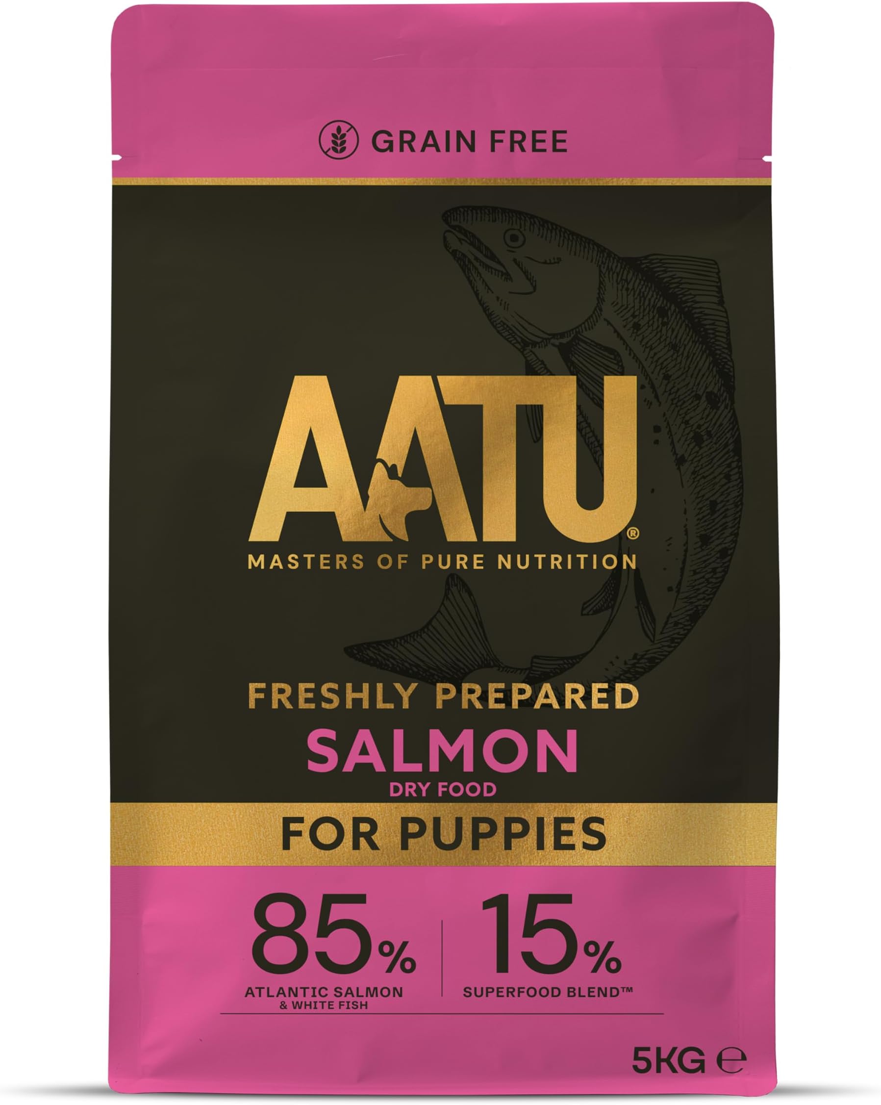 AATU 85/15 Complete Dry Puppy Food, Salmon 5kg - Dry Food Alternative to Raw Feeding, High Protein. No Nasties, No Fillers. (Packaging may vary).