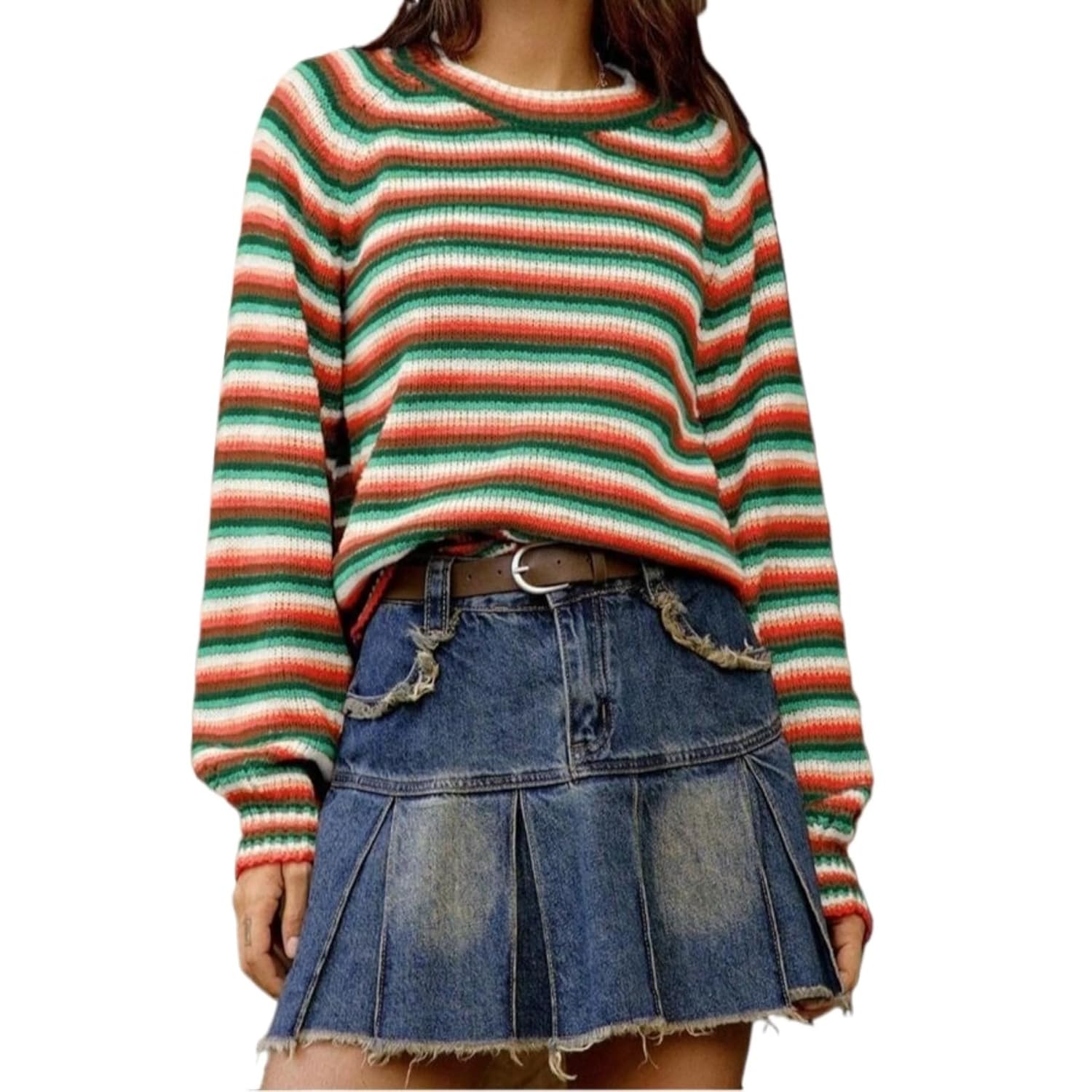 Knit Sweater Long Sleeve Pullover Soft Striped Knitwear Round Neck Colorful Pattern Warm Winter Top