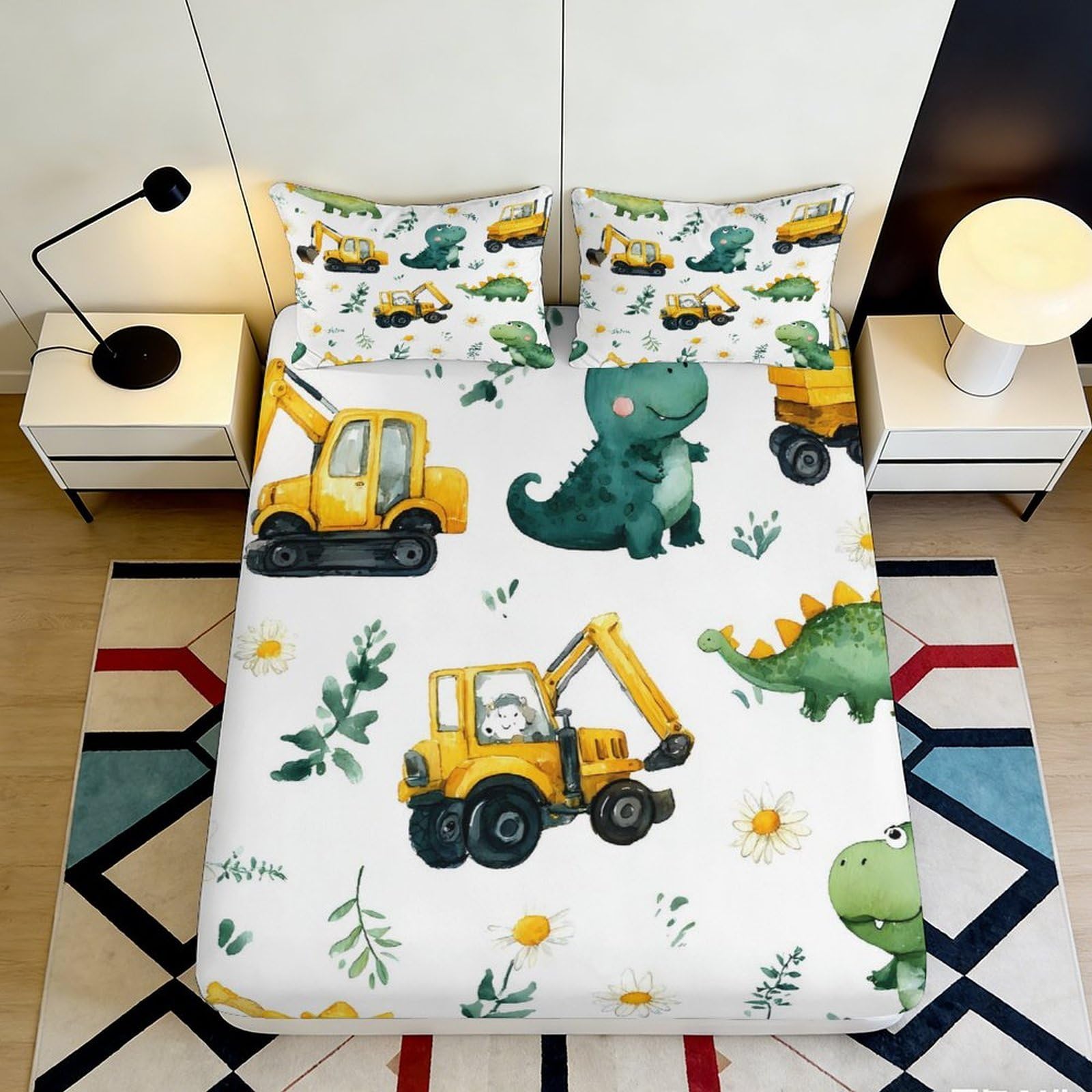 3D Printed Dinosaur Digger Fitted Sheet Microfiber Deep Pocket Bedroom Bedding Dinosaur Mattress Fitted Cover for Adults Teens 140x200x25cm