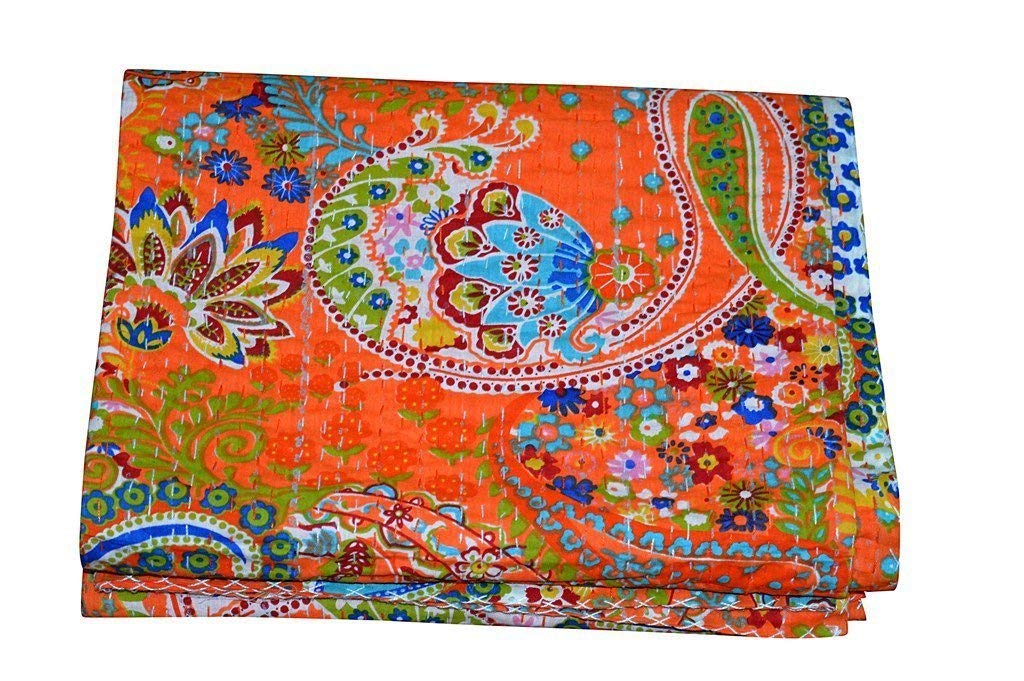 Sophia-Art Colcha Kantha Con Estampado De Cachemira Indio Hecho A Mano, Manta Kantha, Funda De Cama, Colcha King Kantha, Ropa De Cama Bohemia Kantha Tamaño 90 Pulgadas X 108 Pulgadas (gris