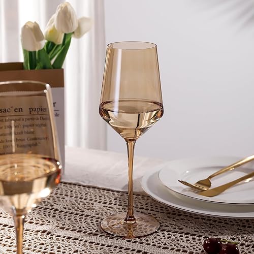 Miniatura 2 de Physkoa Juego de copas de vino de color ámbar de 6 a 16 onzas, copas de vino marrón con tallo largo alto y parte inferior de tulipán, cristalería