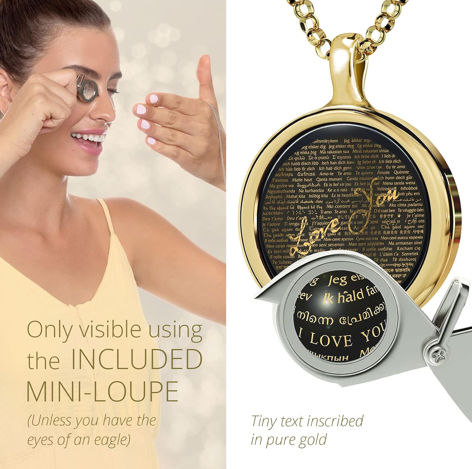 NanoStyle Women's Love You Necklace I Love You Birthday Gift Pendant Pure Gold Inscribed in Over 100 Languages in Miniscule Text on Round Black Onyx Gemstone, 18" Rolo Chain