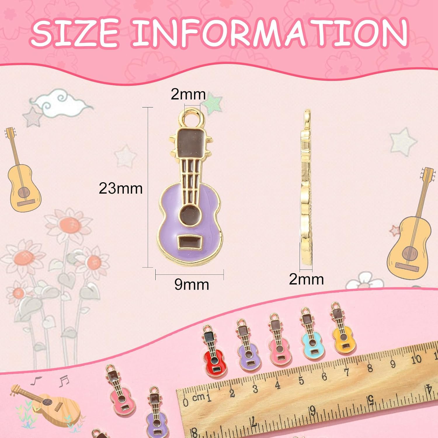 DanLingJewelry 100 pcs Random Color Enamel Guitar Charms - Colorful Musical Instrument Charms for Jewelry Making Bulk