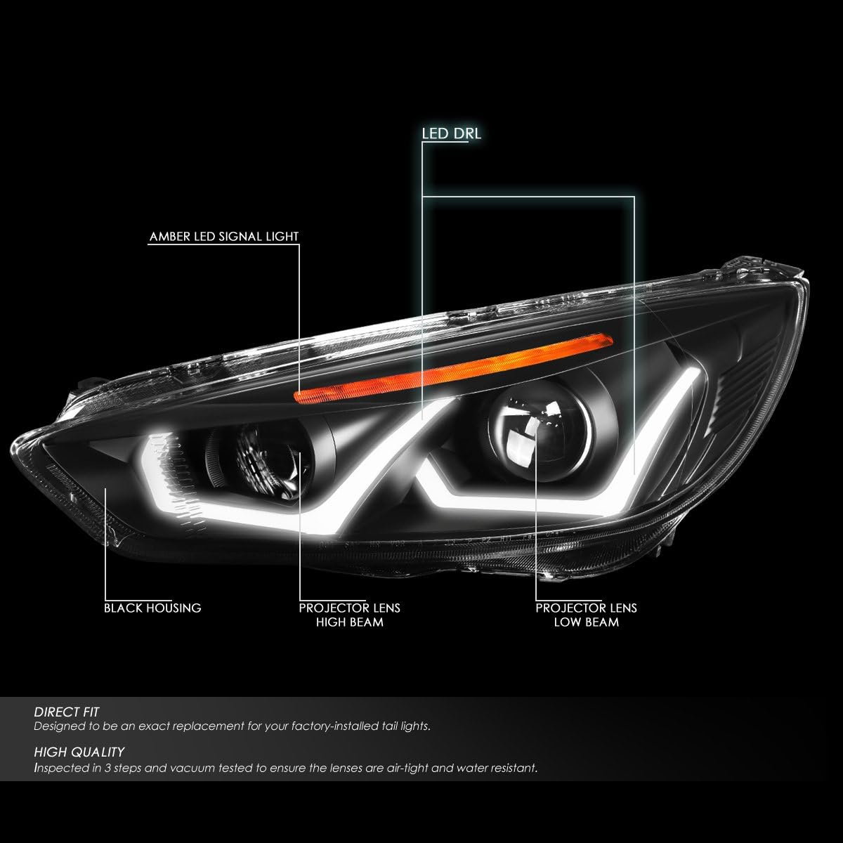 DNA MOTORING Projector Headlights Assembly Compatible with 2015-2018 Ford Focus, Black housing/Amber corner HL-HPL-LED-FF16-BK-AM