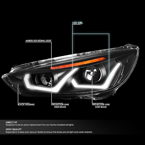 Miniatura 2 de DNA MOTORING HL-HPL-LED-FF16-BK-AM - Faros delanteros negros con doble U-Halo DRL de repuesto para enfoque 15-18