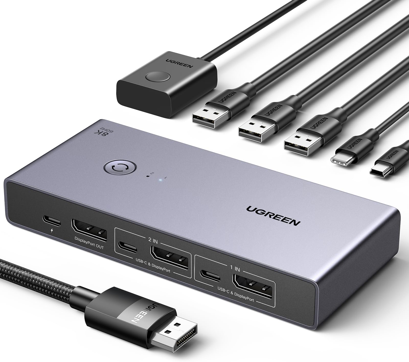 UGREEN 8K@60Hz Displayport KVM Switch 2 Input 1 Output DP1.4 USB 3.0 Ports x 4 (USB-A x 3 + USB-C x 1) Supports 8K@60Hz Compatible with 4K@240Hz Share Monitor/Keyboard/Mouse/USB C Hard Drive/Printer