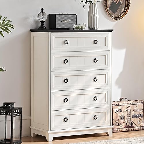 Miniatura 30 de Cómoda rústica de 5 cajones para dormitorio, cómoda pequeña de 33.2 pulgadas de alto y cómoda, cómoda de madera rústica con mango de metal, Conjunto