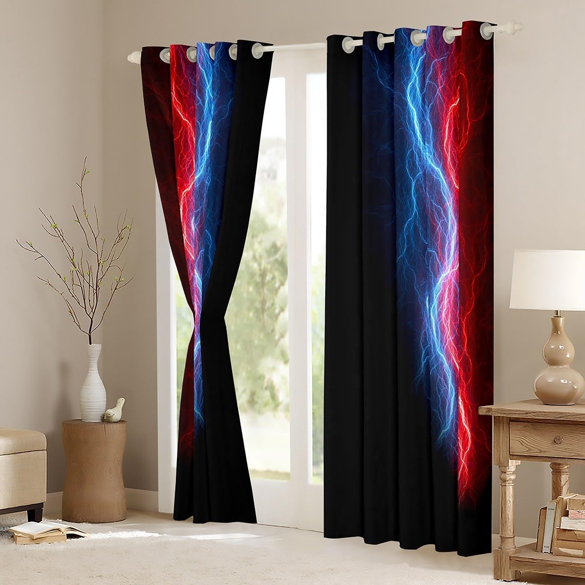 Feelyou Geometric Abstract Blackout Curtain (30%-50%) (2 Panels, 42x63 Inch) Boys Blue Red and Black Ombre Striped Darkening Curtain Kids Teens Lightnings Curtain for Bedroom Window Treatments