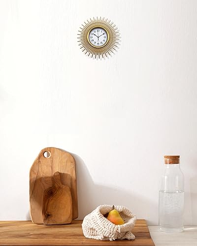 Miniatura 4 de Reloj de pared dorado Sunburst, reloj de pared pequeño de 10 pulgadas, funciona con pilas, moderno y bohemio decorativo para sala de estar,