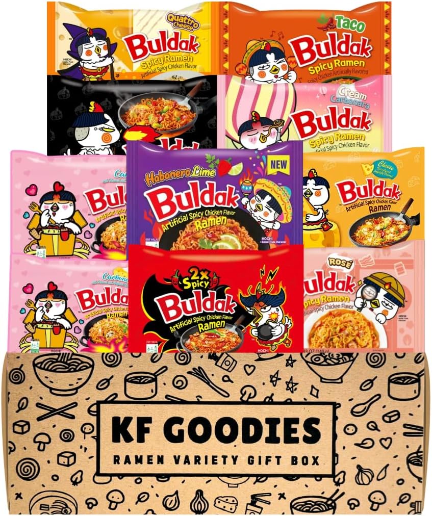 Korean Ramen Variety Pack Gift Box (10 Count) โ Spicy Buldak Noodle Assortment for Birthdays, College Care Packages, Office Snacks, and Gift Baskets