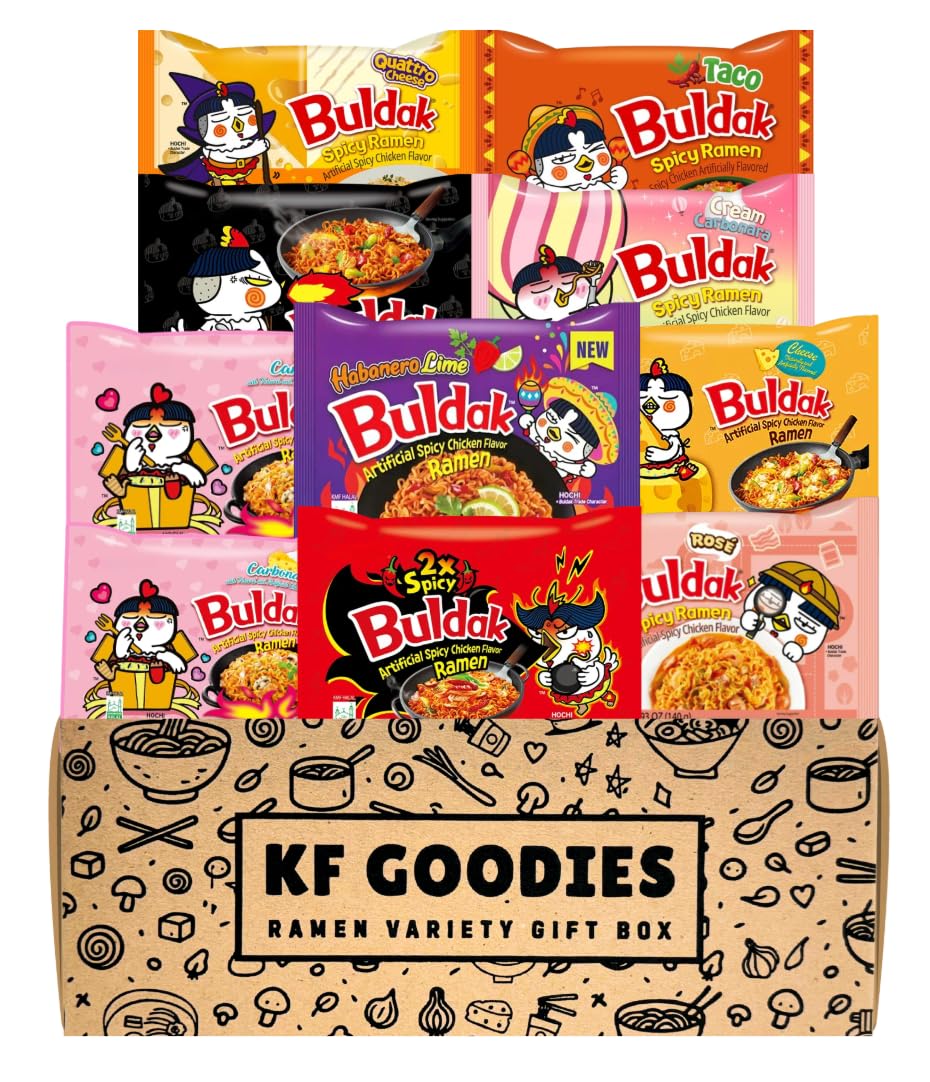 KF GOODIES Korean Ramen Variety Pack Gift Box (10 Count) – Spicy Buldak Noodle Assortment for Birthdays, College Care Packages, Office Snacks, and Gift Baskets