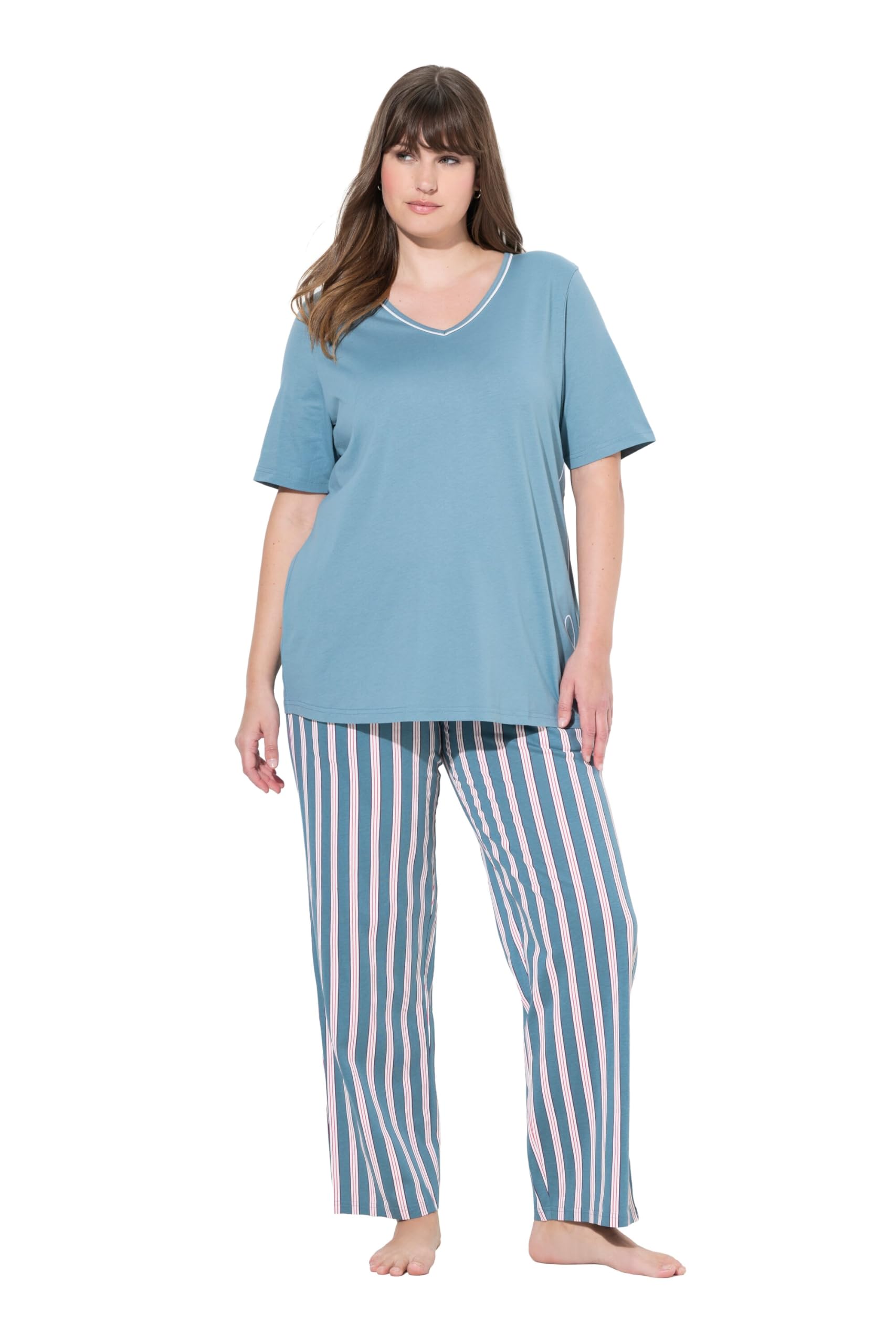 Ulla Popken Damen große Größen Übergrößen Plus Size Pyjama, Piping, V-Ausschnitt, Halbarm, Stickerei 843074