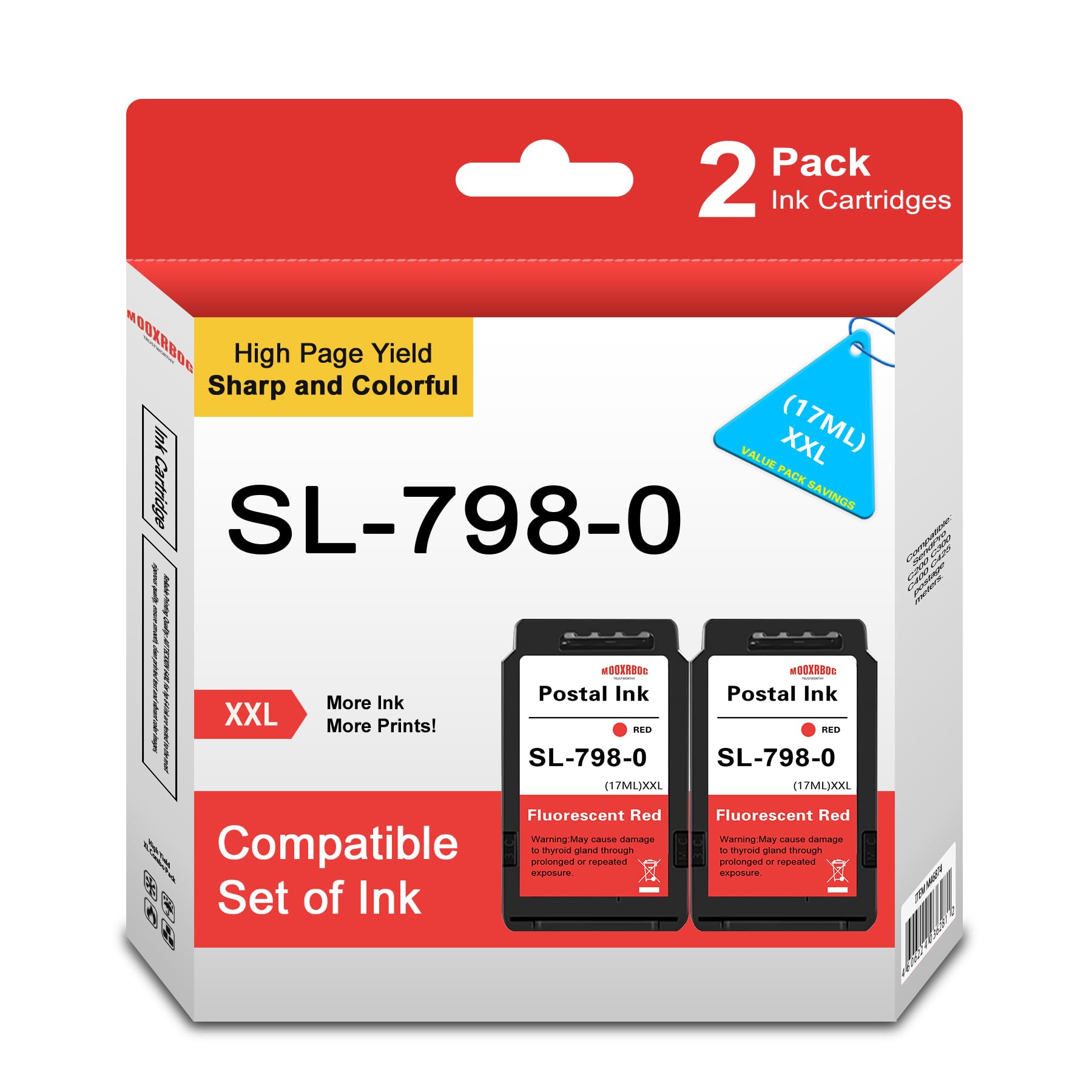 Photo 1 of Mooxrbog 2-Pack SL-798-0 Red Ink Cartridges (17 ml) for SendPro C200 C300 C400 C425 Postage Meters, Fluorescent Red Ink, 1500 Impressions, Refillable, Long-Lasting, Consistent Performance Materials