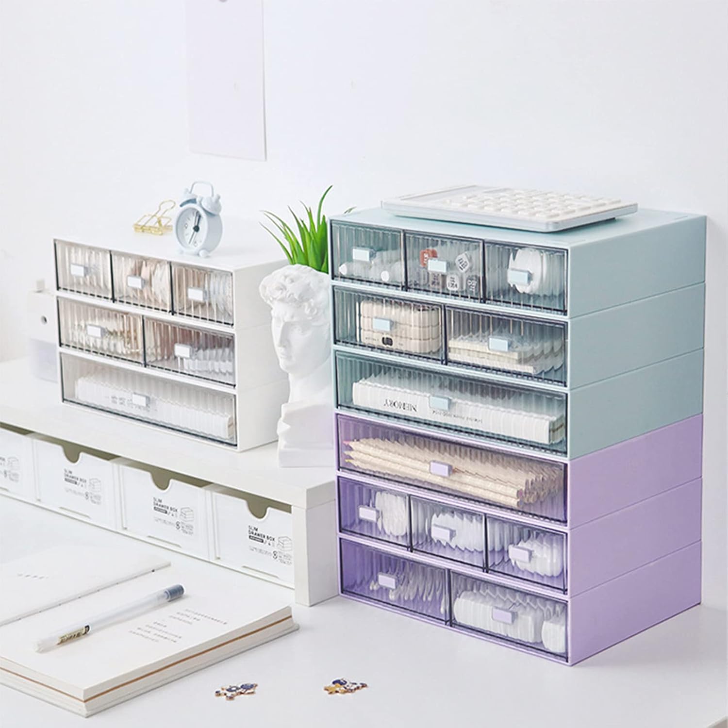 3PCS Desk Organizer with 6 Drawers, Stackable Plastic Storage Box Makeup Storage Desk Organizer and Accessories, Office Stationery Supplies Organizers for Office, School, Home (Purple)