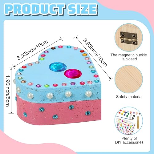 Miniatura 3 de Kigley Juego de 6 cajas de joyería de madera para el día de San Valentín para pintar tus propias cajas de corazón sin terminar, kits de pintura para