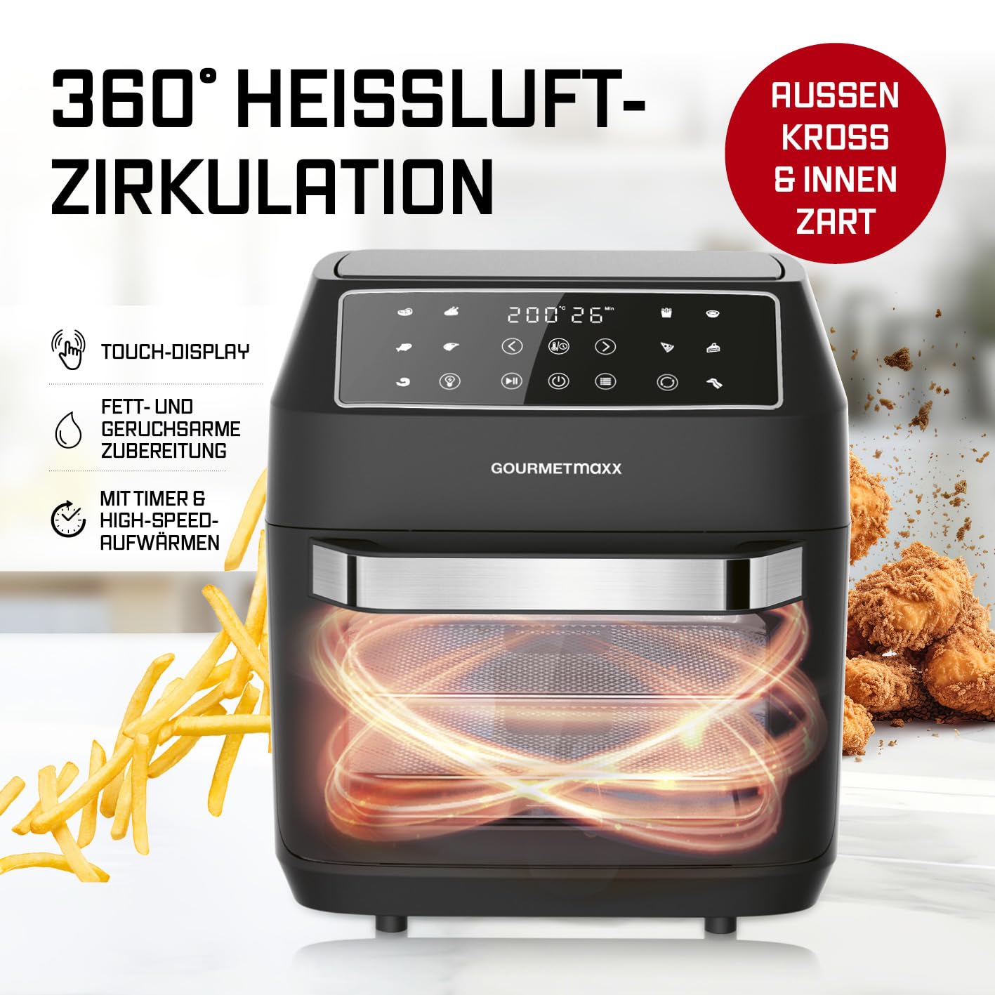 GOURMETmaxx Heißluftfritteuse 12 L Airfryer | Fritteuse mit 9 Funktionen, Touchdisplay, Dreh- & Schaschlikspießen | 10 Programme inkl. Pizza | Minibackofen 1700 W – nahezu ohne Öl