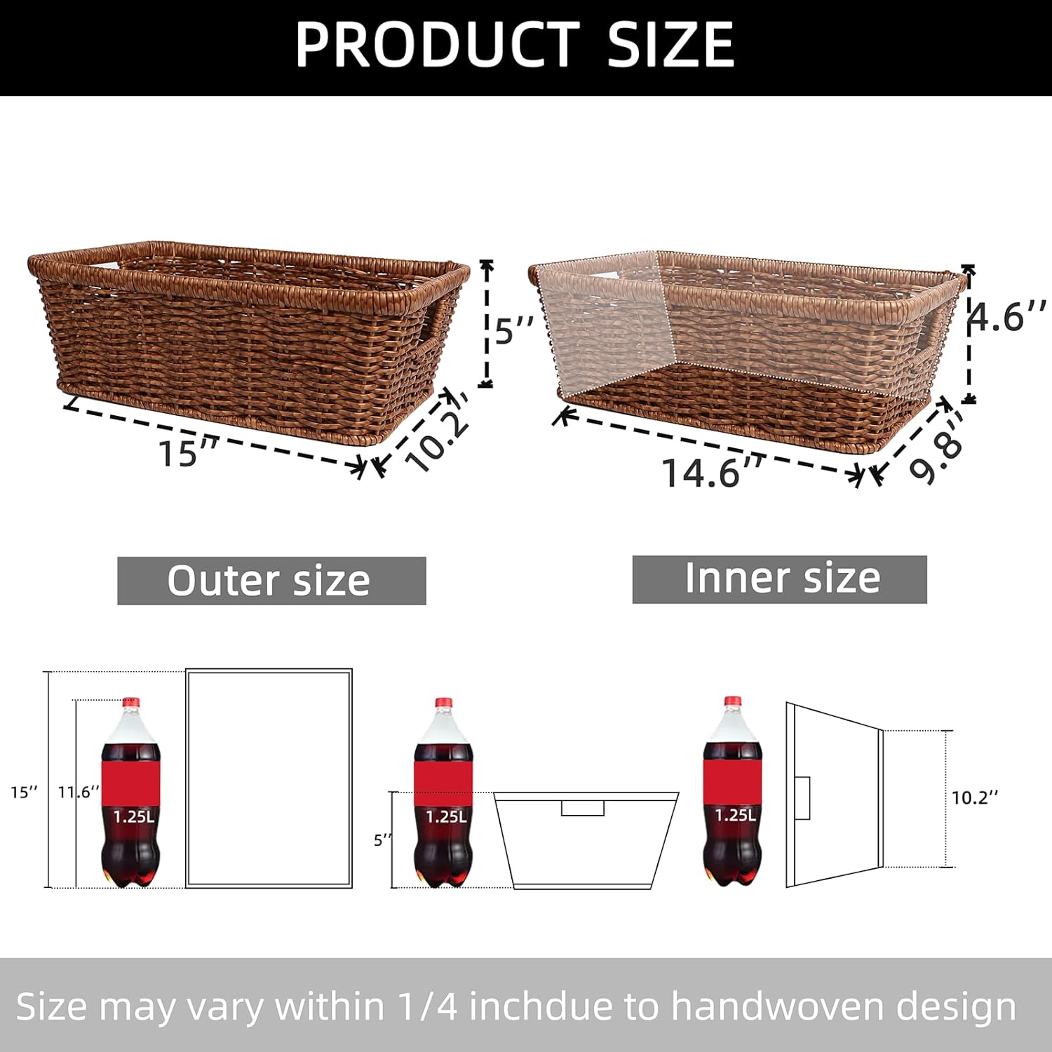 Wicker Storage Basket Water-resistant:Storage Basket with Built-in Handles,Rectangle Basket for Shelf, Brown, 2-Pack