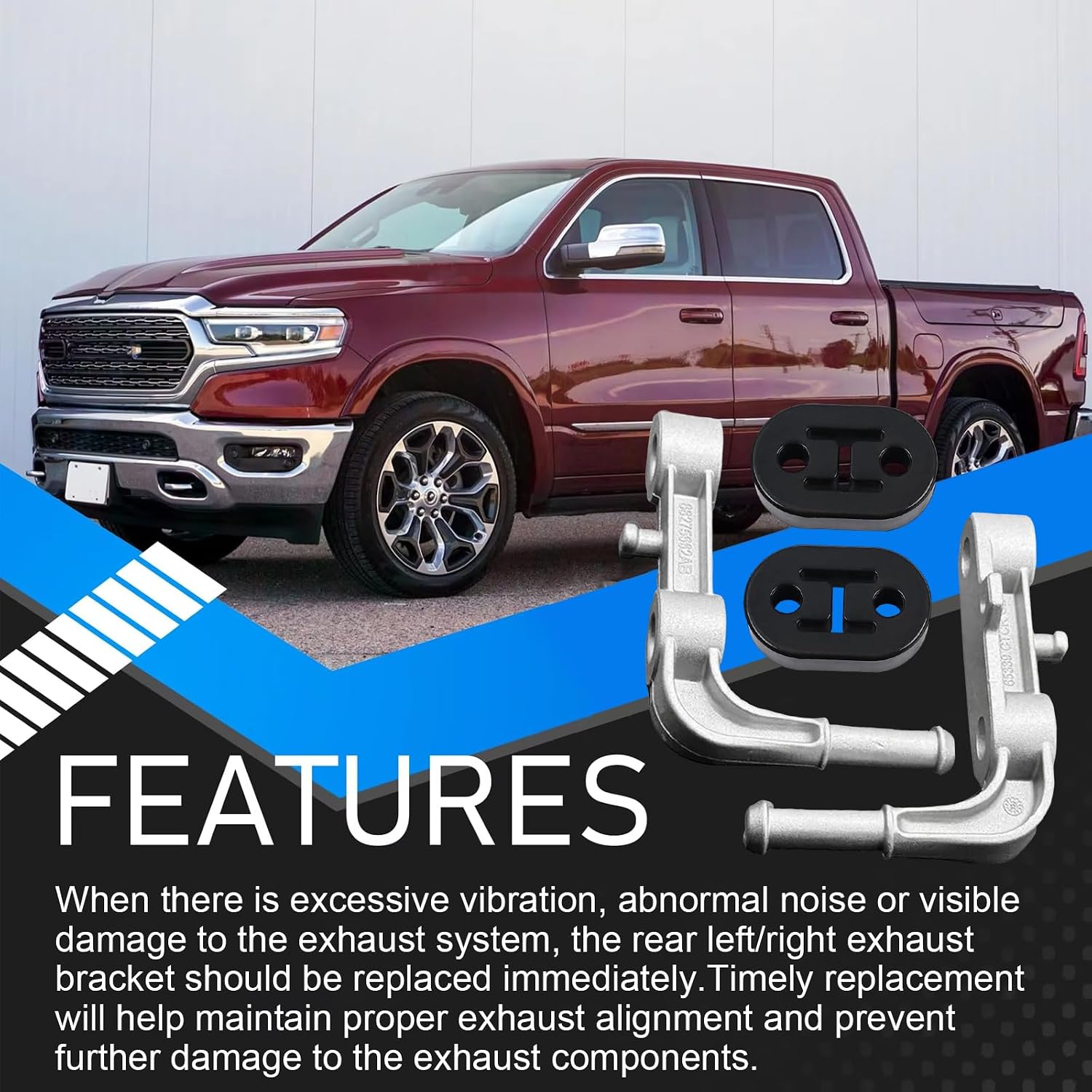 Exhaust Bracket Muffler Support Assembly Kit - Rear Left & Right Compatible with Dodge Ram 1500 2019-2025 3.0L 5.7L 6.2L, with Rubber Isolator Hangers, 68275662AB, 68395841AA (Left + Right Side)